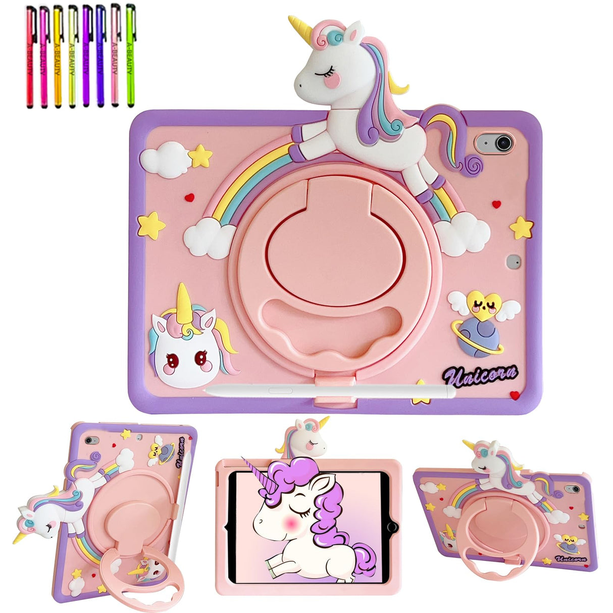 حافظة أطفال A-BEAUTY متوافقة مع جهاز iPad (A16) الجيل الحادي عشر/العاشر (2025/2022)، مع حامل قلم، ومقبض دوار 360 درجة، وحيد القرن
