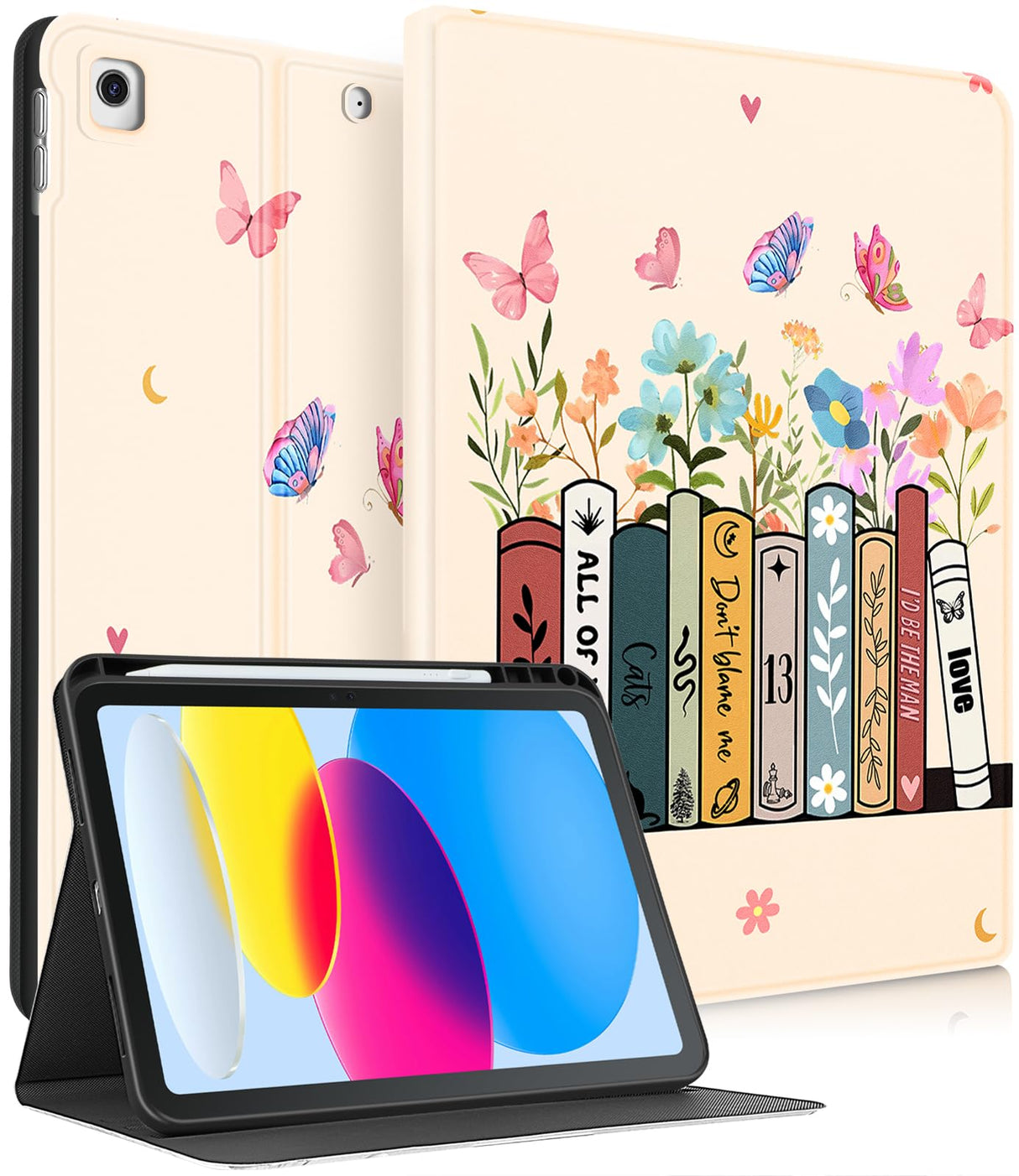 Uppuppy for iPad 9th/8th/7th Generation Case 10.2 Inch Women Girls Cute Folio Smart Cover Pencil Holder Girly Pretty Teens Aesthetic Books Cartoon Cases for Apple iPad 7/8/9 Gen A2602 A2270 A2197