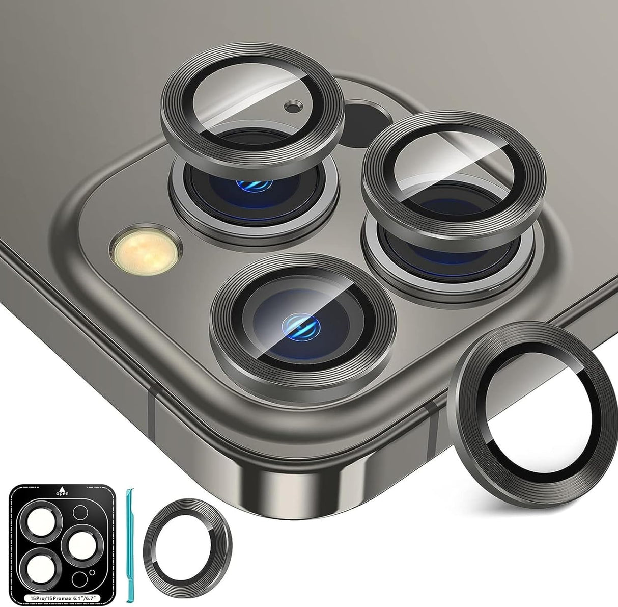 واقي عدسة كاميرا AWH 3+1 لهاتف iPhone 15 Pro/Pro Max - زجاج مقوى 9H، فائق الدقة، غطاء واقي شاشة كاميرا فردي معدني لهاتف iPhone 15 Pro/Pro Max (أسود)