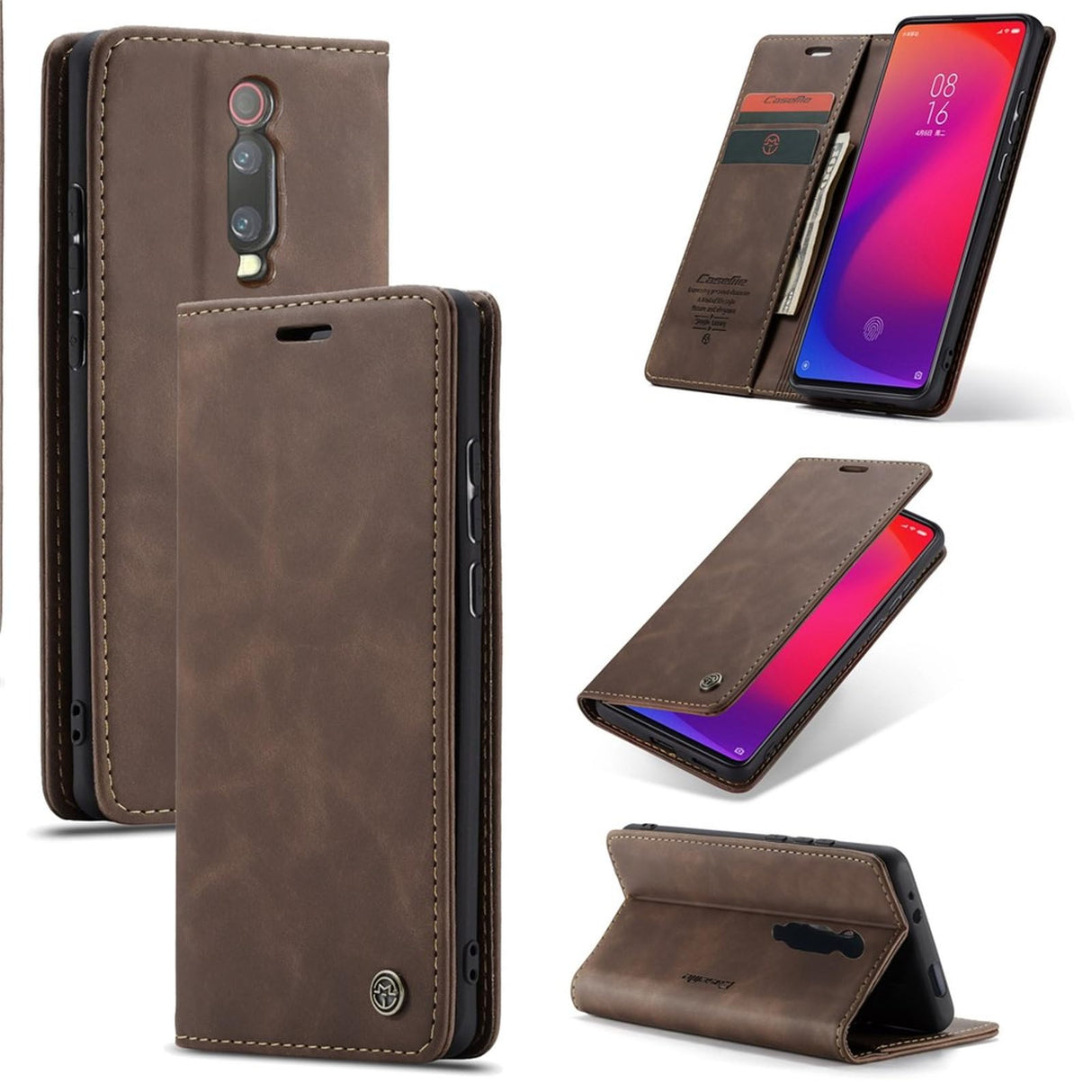 غطاء هاتف من الجلد الصناعي من UniqCase مزود بمحفظة وامتصاص تلقائي لهاتف Xiaomi Redmi K20 Pro/Redmi K20/Mi 9T/Mi 9T Pro - لون القهوة