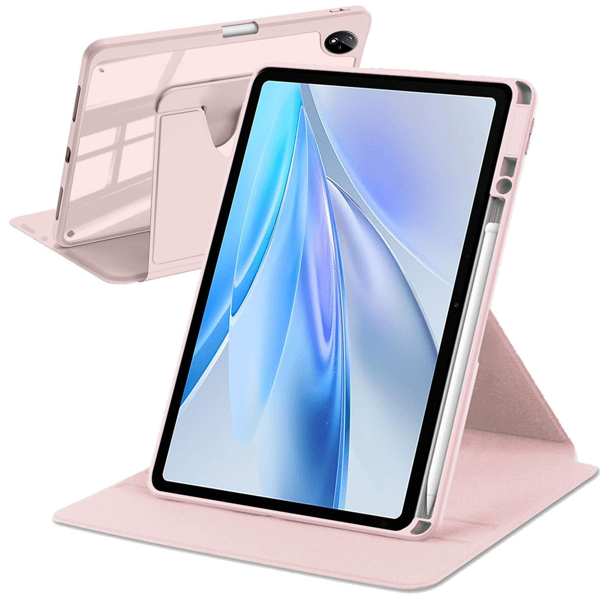 جراب دوار من A-BEAUTY متوافق مع جهاز Vivo Pad SE 12.3 بوصة 2025 مع حامل قلم، حامل دوار 360 درجة، غطاء مقاوم للصدمات، ظهر شفاف، إيقاظ/سكون تلقائي، وردي