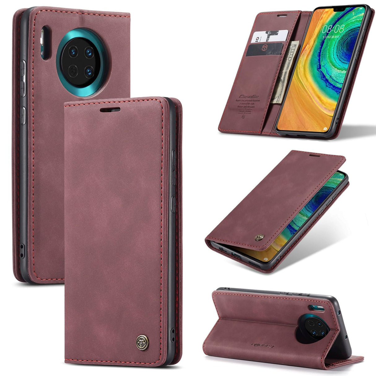 UniqCase لهاتف Huawei Mate 30 4G / Huawei Mate 30 5G جراب حامل بطاقة جلدي للهاتف - أحمر