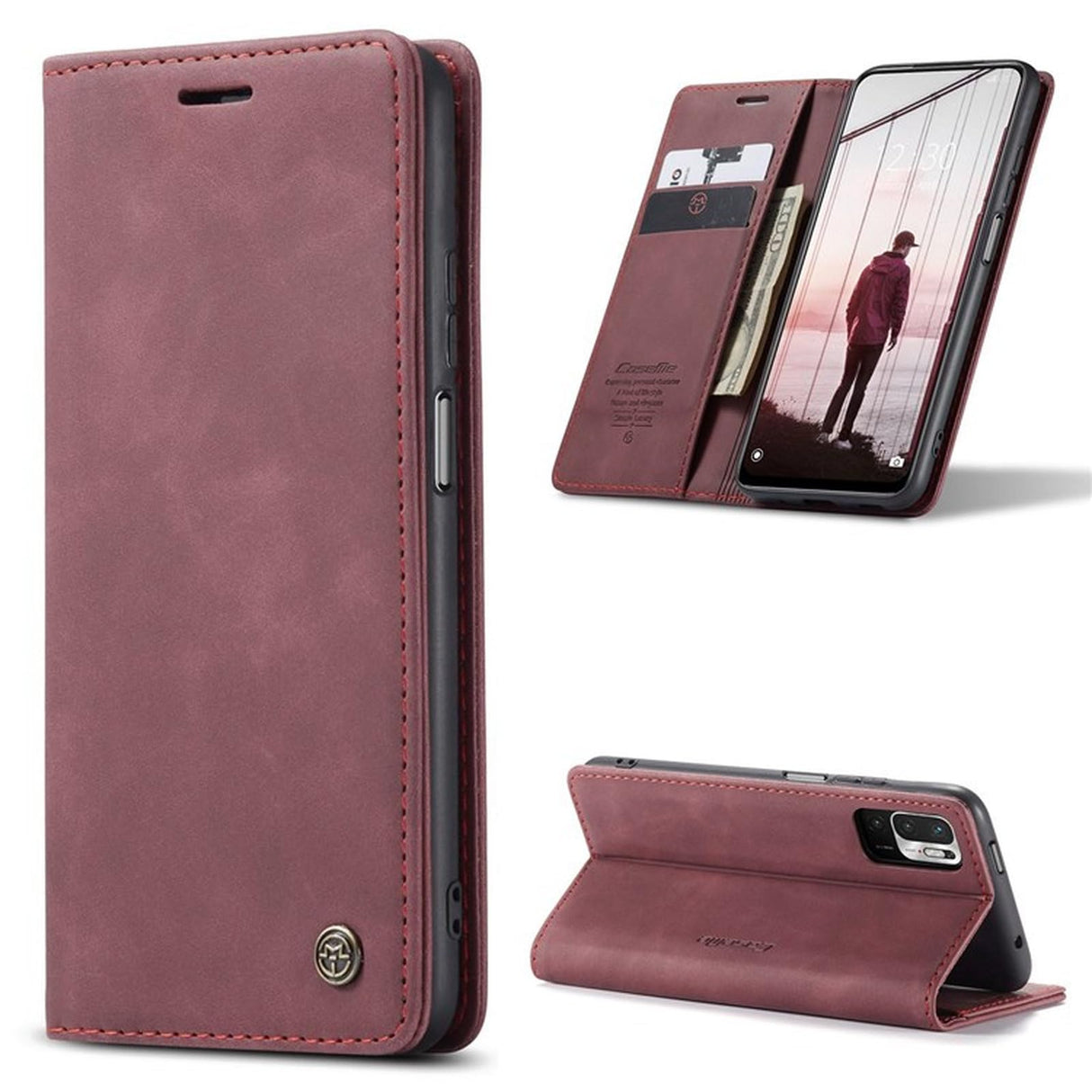 UniqCase لهاتف Xiaomi Redmi Note 10 5G/Redmi Note 10T 5G/Poco M3 Pro 4G/5G جراب جلدي من البولي يوريثان مع حامل ومحفظة مغناطيسية وغطاء واقٍ بإغلاق تلقائي - أحمر