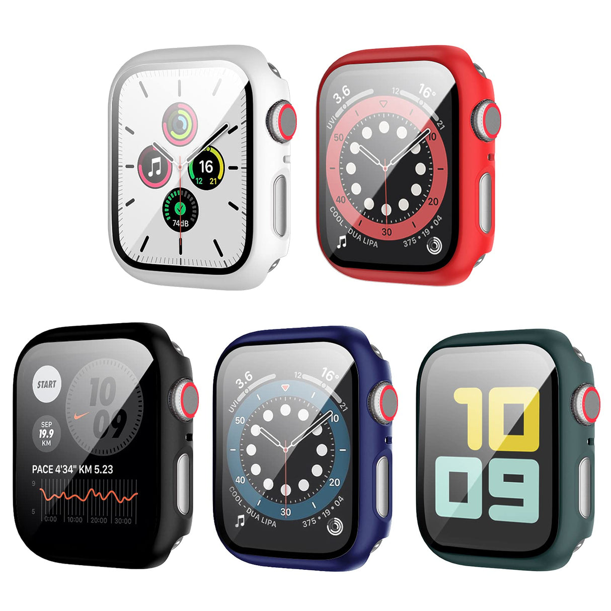 مجموعة من 5 حافظات مع واقي شاشة من الزجاج المقوى لساعة Apple Watch مقاس 40 مم Series 6/SE/Series 5/Series 4، غطاء حماية كامل من JZK مصنوع من مادة PC الصلبة عالية الدقة بنمط دوار الشمس الفهد لملحقات iwatch مقاس 40 مم