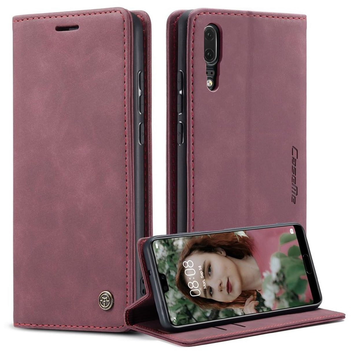 UniqCase لهاتف Huawei P20 غطاء هاتف قابل للطي مع حامل ومحفظة من جلد البولي يوريثان يمتص تلقائيًا - أحمر