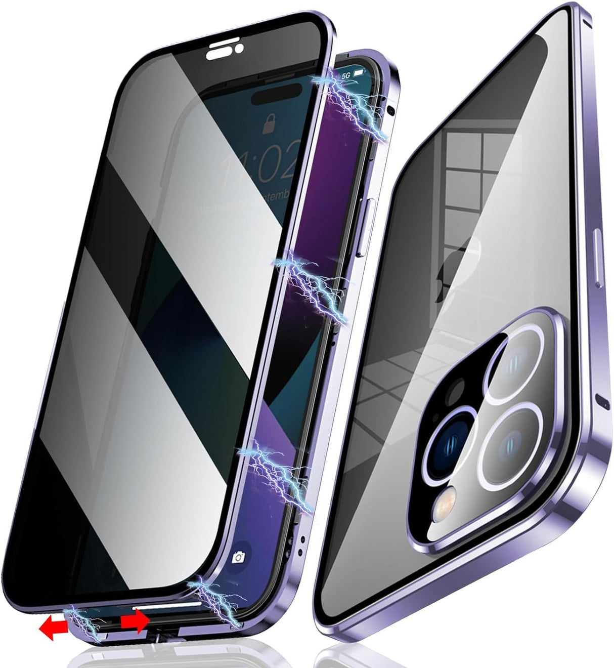 AWH Privacy Magnetic Case for iPhone 15 Pro Max - Privacy Screen and Safety Lock, Anti-Peep Double Sided 9H Glass Magnetic Adsorption Metal Bumper Case (Purple)