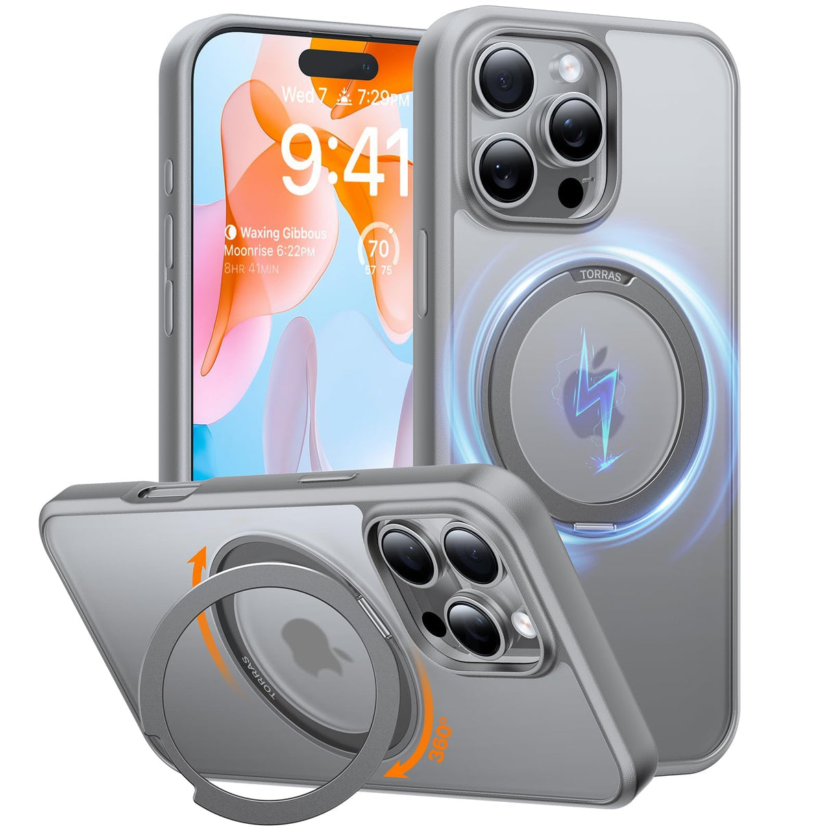 جراب TORRAS المغناطيسي القابل للدوران 360 درجة لهاتف iPhone 16 Pro، مناسب لـ MagSafe مع حامل وحامل حلقي، ظهر شفاف مقاوم للصدمات بدرجة عسكرية بطول 16 قدمًا لهاتف iPhone 16 Pro، رمادي