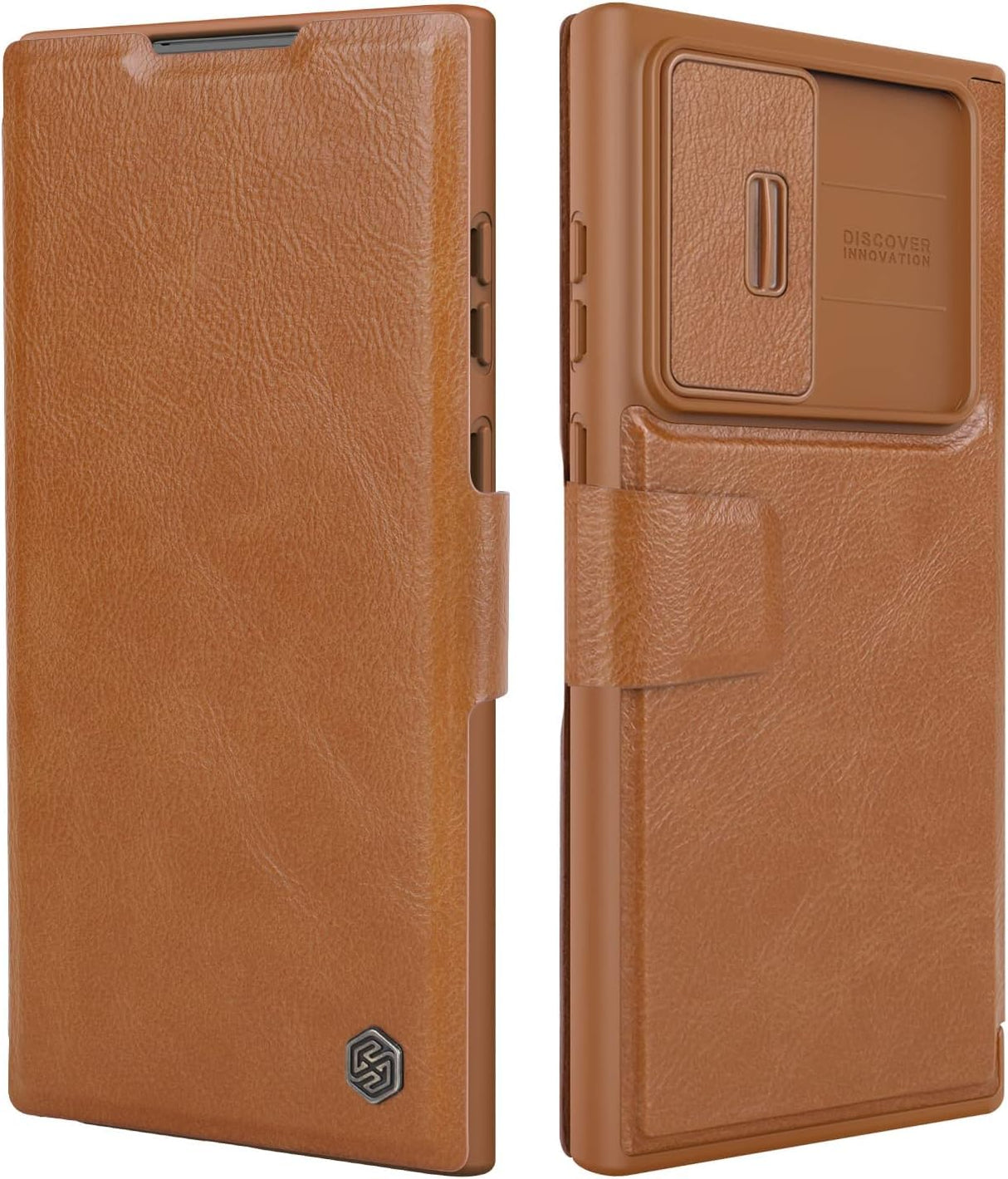 جراب محفظة AWH Galaxy S23 Ultra مع حامل بطاقات وغطاء للكاميرا، جراب من جلد البولي يوريثان مع غطاء قلاب مغناطيسي، وفتحة بطاقة، وحماية منزلقة للكاميرا (6.8 بوصة) - بني