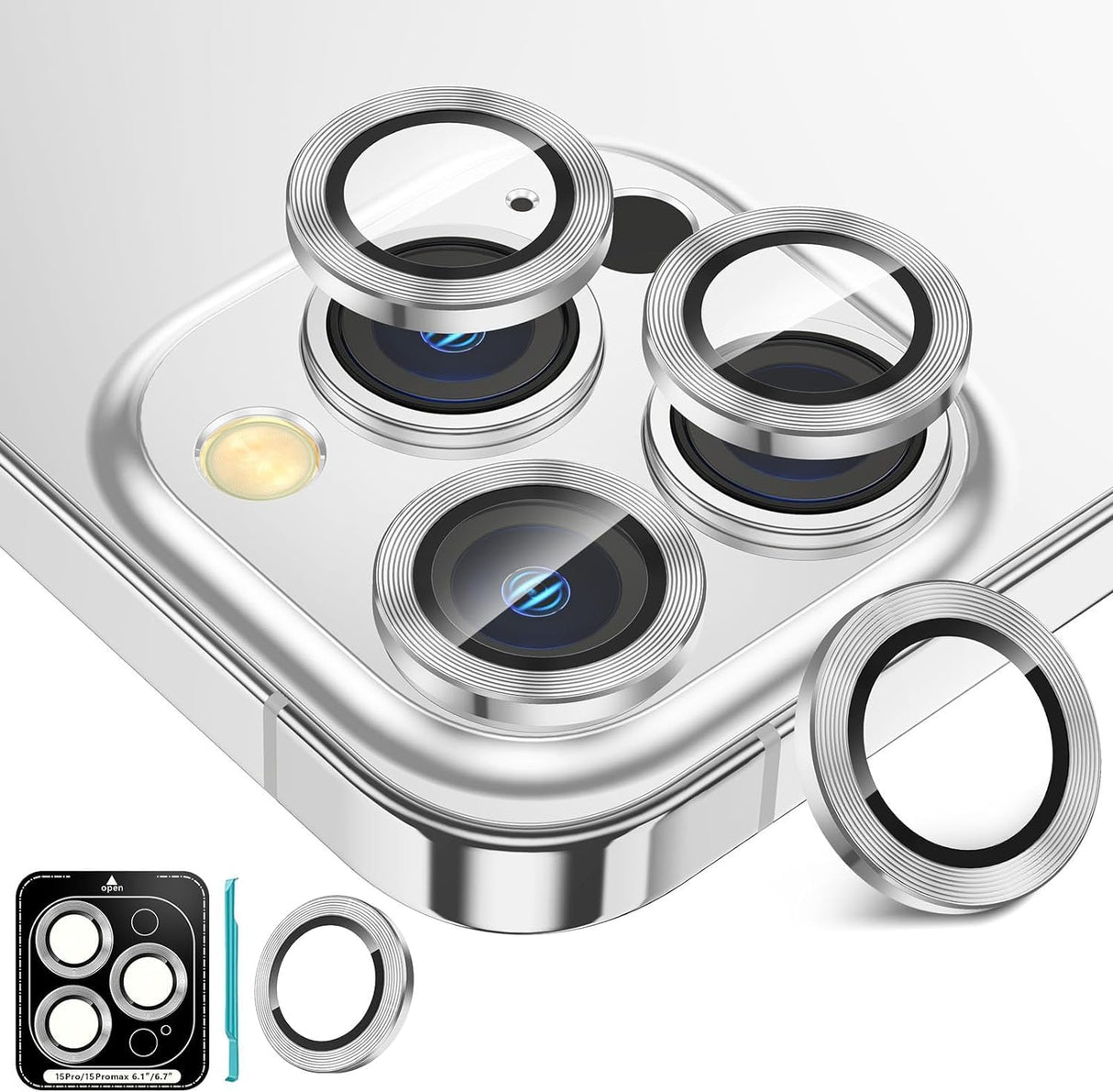 واقي عدسة كاميرا AWH 3+1 لهاتف iPhone 15 Pro/Pro Max - زجاج مقوى 9H، فائق الوضوح، غطاء واقي شاشة كاميرا فردي معدني لهاتف iPhone 15 Pro/Pro Max (فضي)