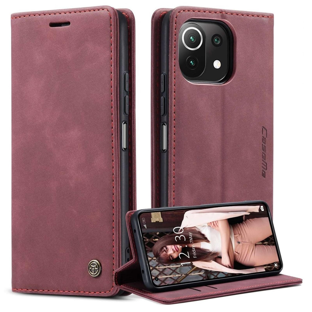 جراب محفظة جلدي بتصميم بسيط وشفط تلقائي من UniqCase لهاتف Xiaomi Mi 11 Lite 4G / 5G / 11 Lite 5G NE - أحمر