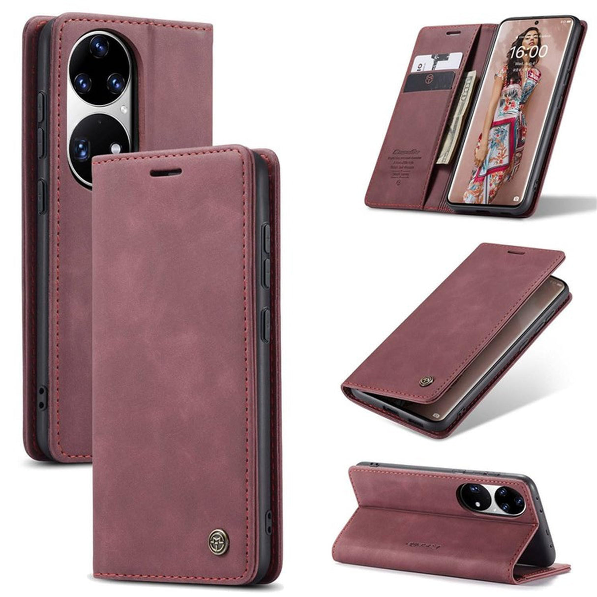 UniqCase لهاتف Huawei P50 Pro جراب هاتف من الجلد الصناعي مقاوم للسقوط مع حامل ومحفظة مغناطيسية وغطاء واقٍ للإغلاق التلقائي - أحمر
