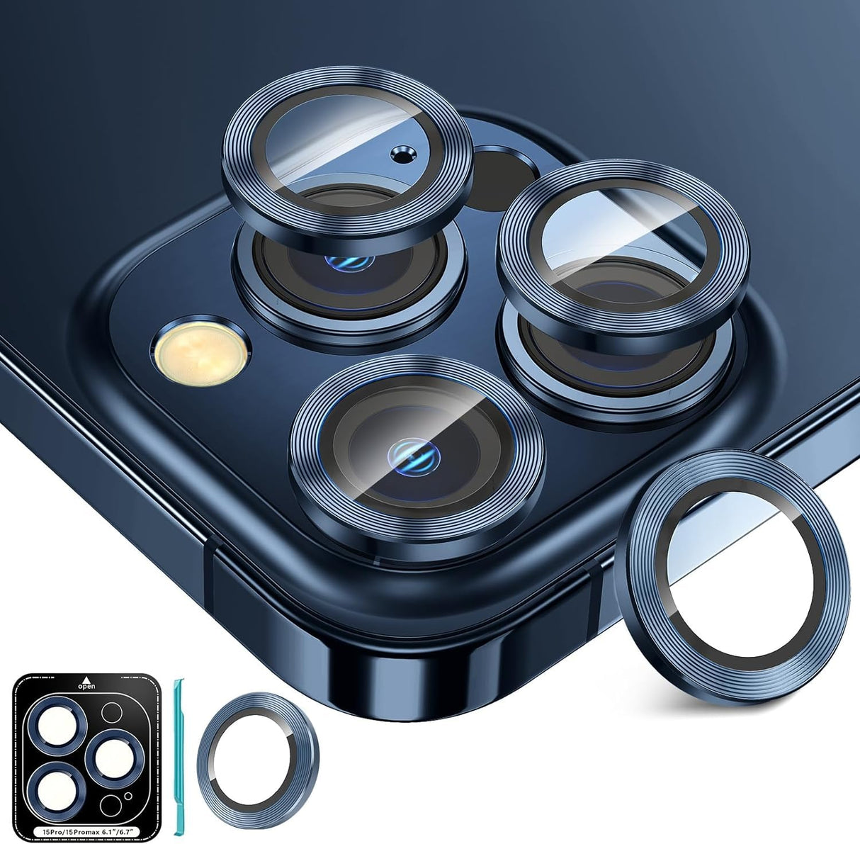 واقي عدسة كاميرا AWH 3+1 لهاتف iPhone 15 Pro/Pro Max - زجاج مقوى 9H، فائق الدقة، غطاء واقي شاشة كاميرا فردي معدني لهاتف iPhone 15 Pro/Pro Max (أزرق)