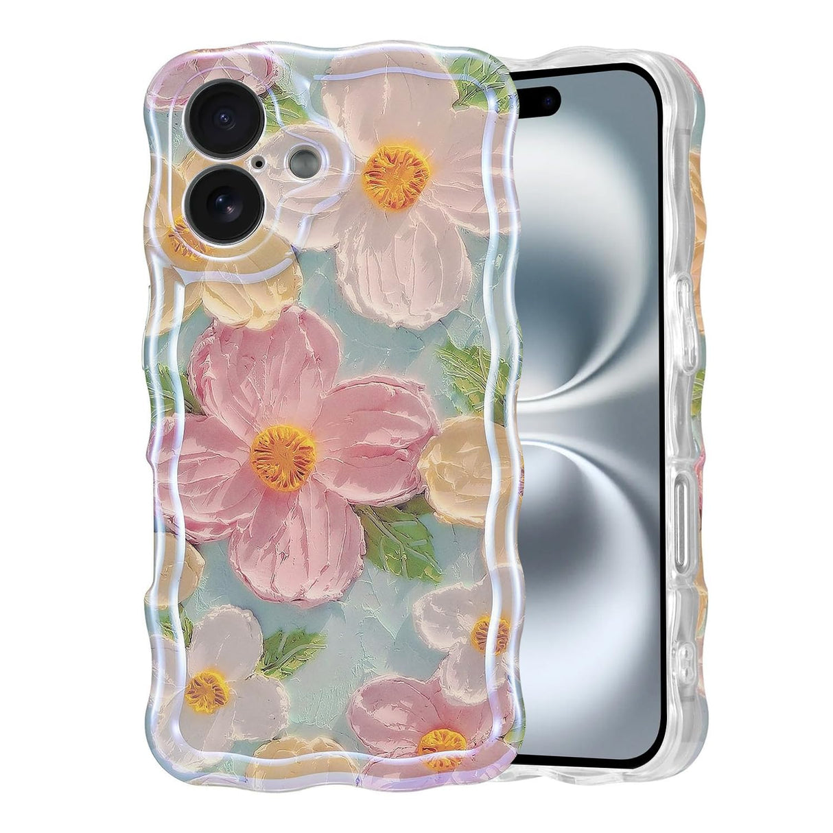 جراب تيرسلي لهاتف آيفون 16 للنساء والفتيات، مزين برسومات زيتية وزهور وشعاع ليزر لامع ونمط موجات وحواف، جراب سيليكون مقاوم للصدمات (أخضر، آيفون 16)