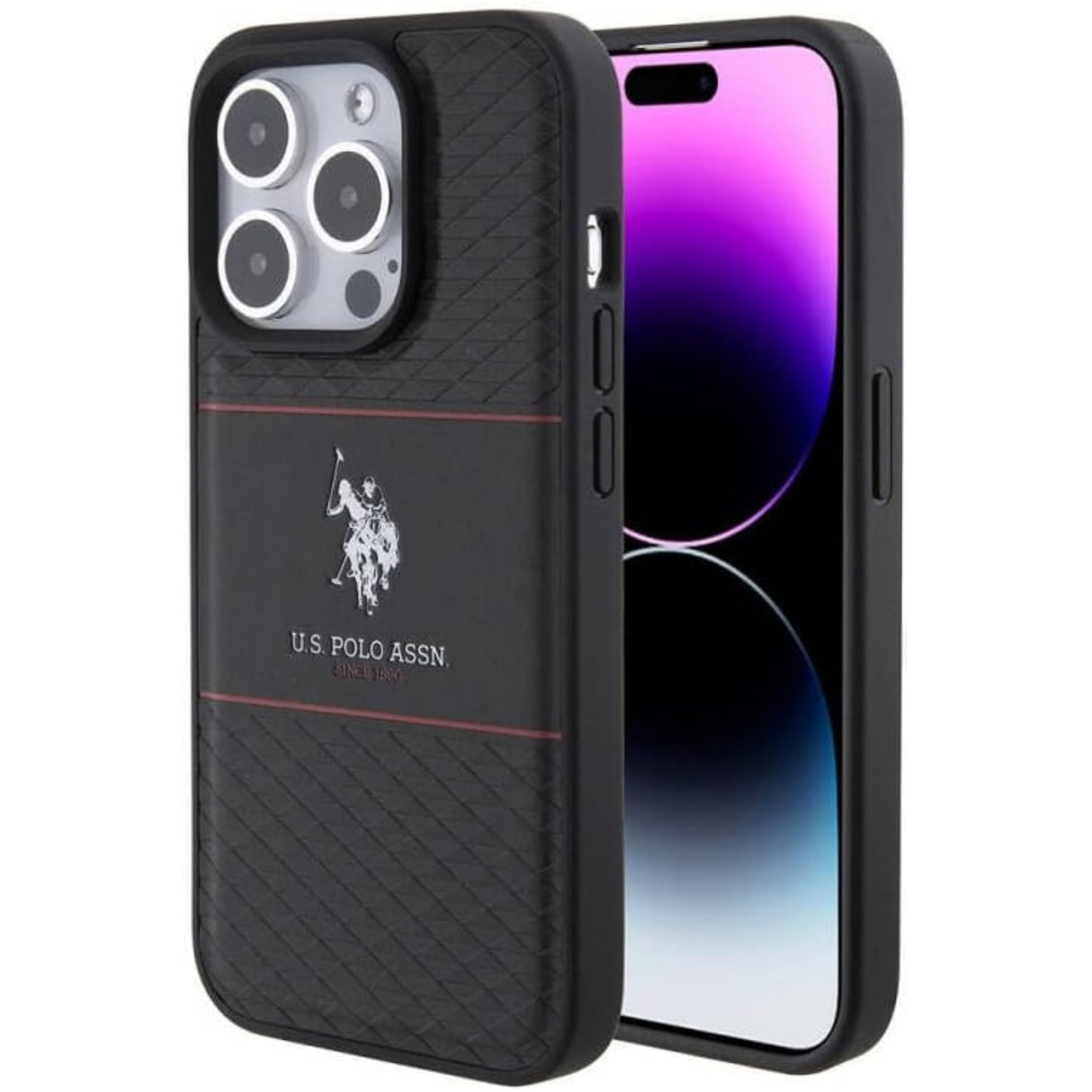 جراب CG MOBILE US Polo الجلدي الصلب المخطط لهاتف iPhone 15 Pro (أسود)