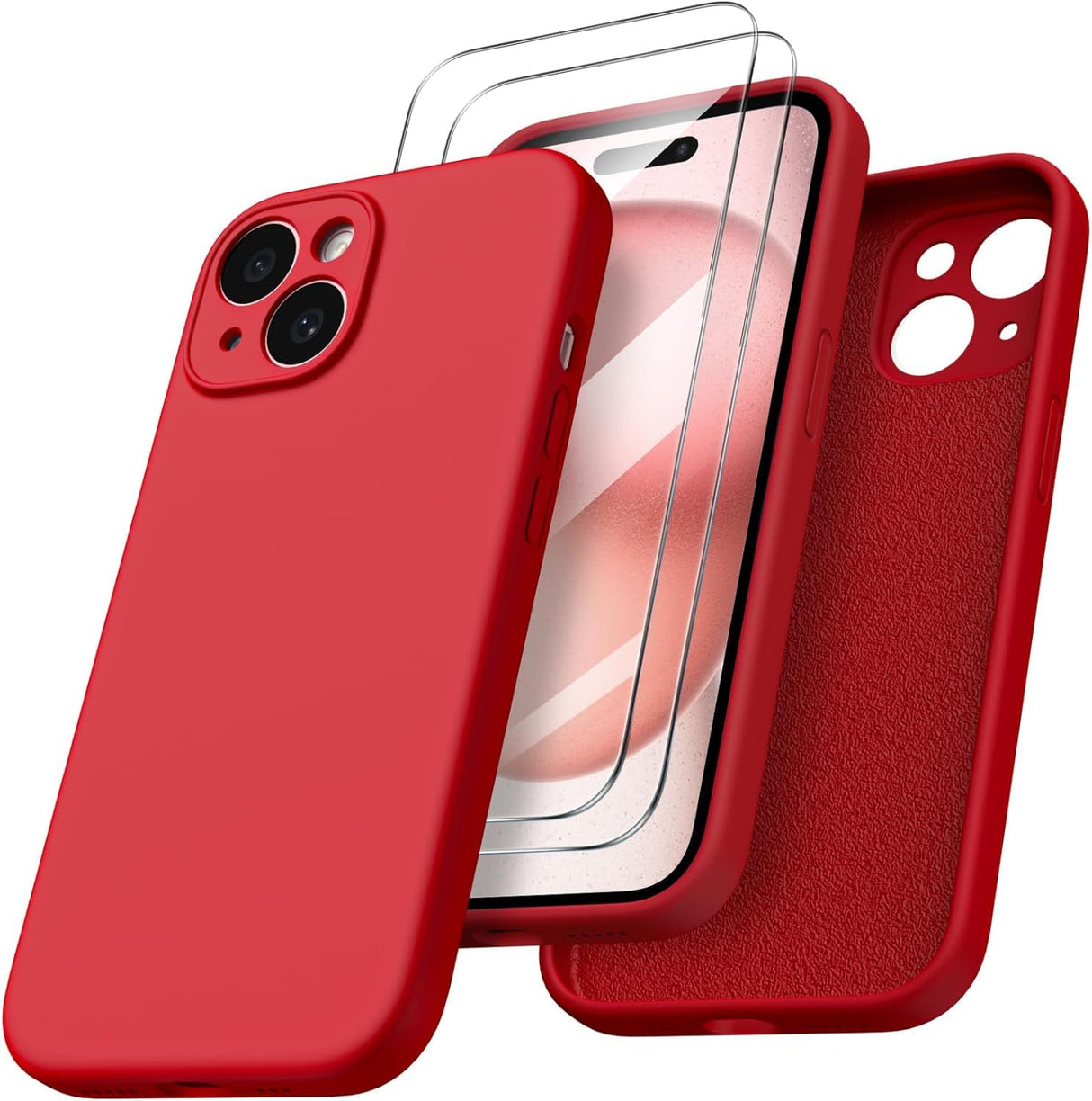 AWH Compatible with iPhone 15 Case Shockproof with Screen Protectors - Waterproof Liquid Silicone Rubber Full Cover Protective Case for iPhone 15 6.1 inch - RED