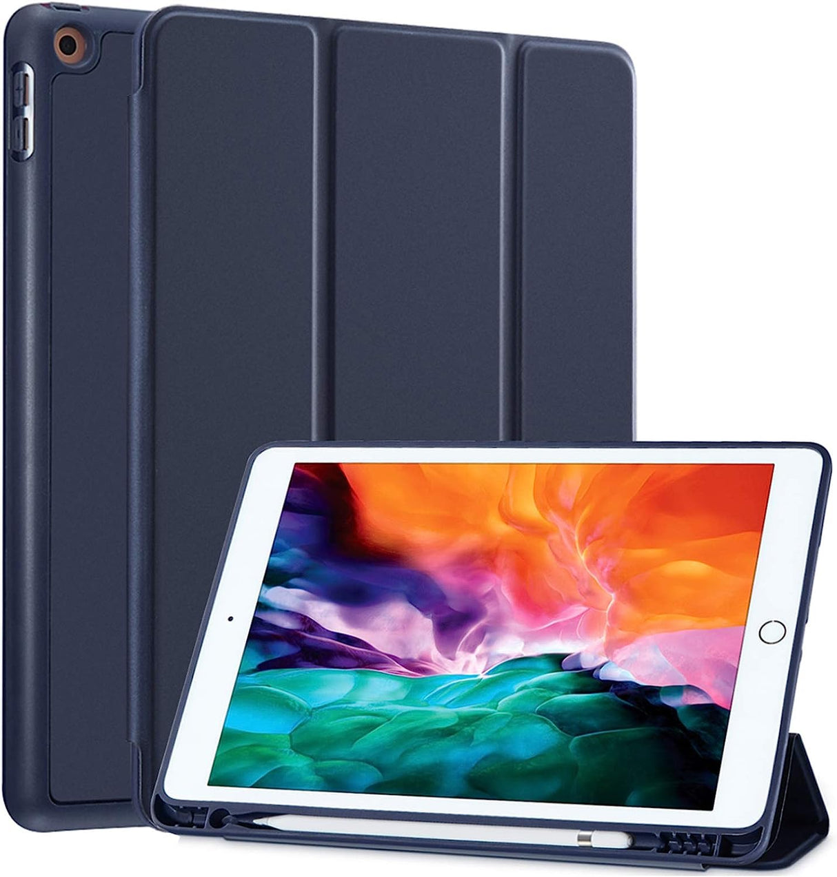 AWH Compatible for iPad 10.2 - inch 9th/8th/7th Generation Case(2021/2020/2019) with Pencil Holder, Slim Soft TPU Smart Trifold Stand Protective Full Body Cover, Auto Sleep/Wake - Navy Blue