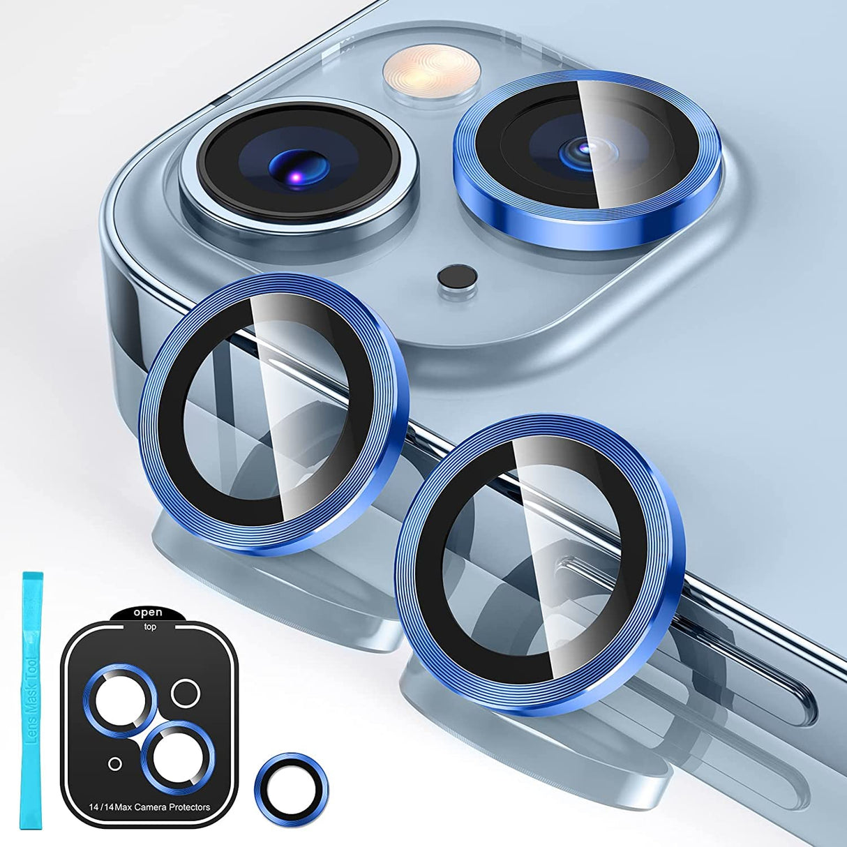 AWH for iPhone 14/14 Max Camera Lens Protector, 9H Tempered Glass Camera Cover Screen Protector Metal Individual Ring for iPhone 14 6.1 inch/iPhone 14Plus 6.7 inch 2022 (Blue)
