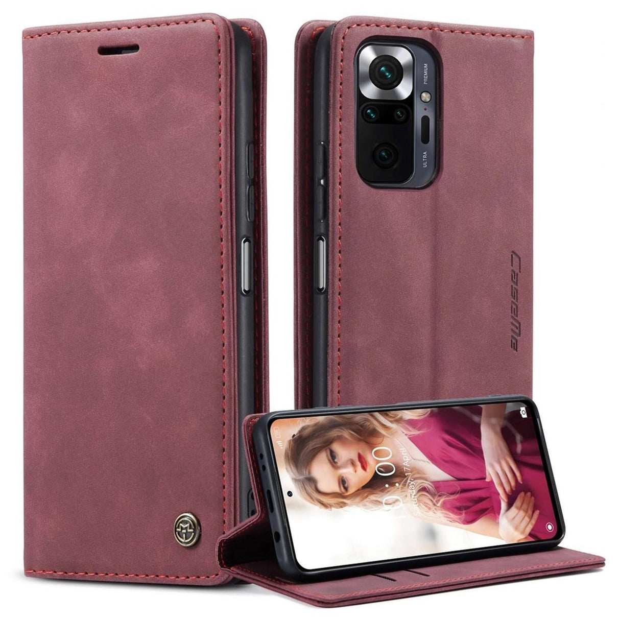 جراب محفظة جلدي بتصميم موجز مع خاصية الشفط التلقائي لهاتف شاومي ريدمي نوت 10 برو 4G (الهند)/(العالم)/نوت 10 برو ماكس - أحمر