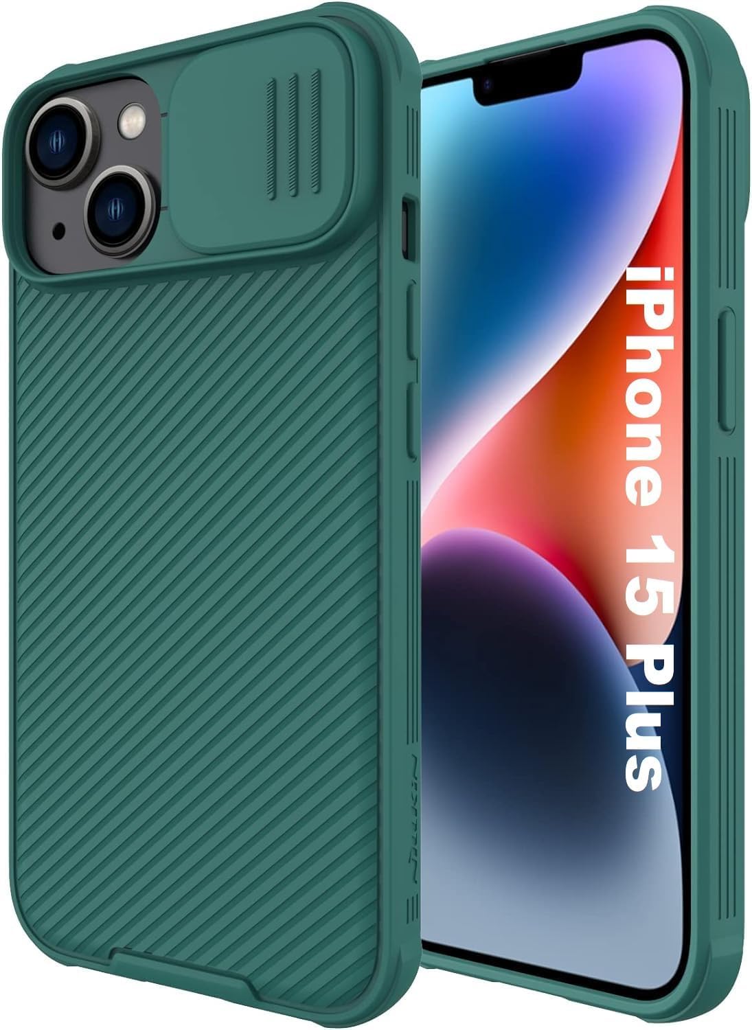 جراب AWH لهاتف iPhone 15 Plus Camshield مع حماية عدسة الكاميرا المنزلقة - غطاء خلفي من البولي كربونات وإطار ممتص للصدمات من مادة TPU مضاد لبصمات الأصابع، جراب ناعم الملمس (أخضر)