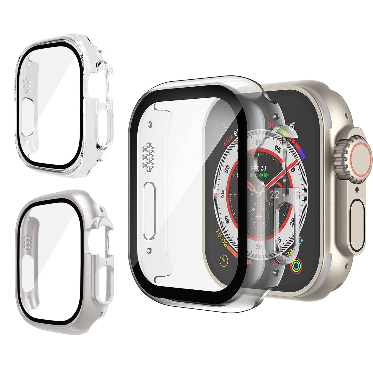 AWH Sport Rugged Bumper Designed for Apple Watch Ultra 49mm Case with Screen Protector, Hard PC Protective Tempered Glass Case Cover (Starlight/Clear)