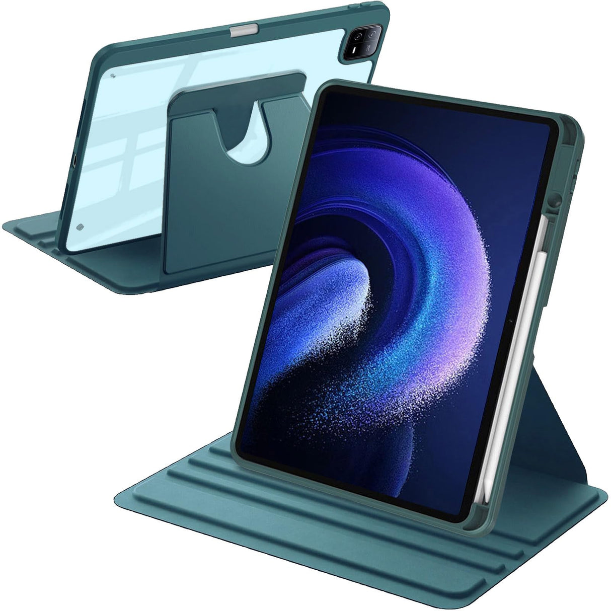 جراب دوار من A-BEAUTY متوافق مع جهاز Xiaomi Pad 6/6 Pro مقاس 11 بوصة 2023 مع حامل قلم، حامل دوار 360 درجة، غطاء مقاوم للصدمات، ظهر شفاف، إيقاظ/سكون تلقائي، أخضر داكن