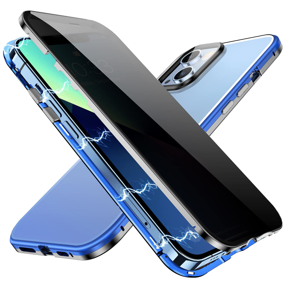 جراب YUNQE المغناطيسي للخصوصية لهاتف iPhone 13، غطاء امتصاص مغناطيسي مزدوج الجوانب مع واقي شاشة مضاد للتجسس وعدسة كاميرا واقٍ كامل الجسم لهاتف iPhone 13، أرجواني وأسود