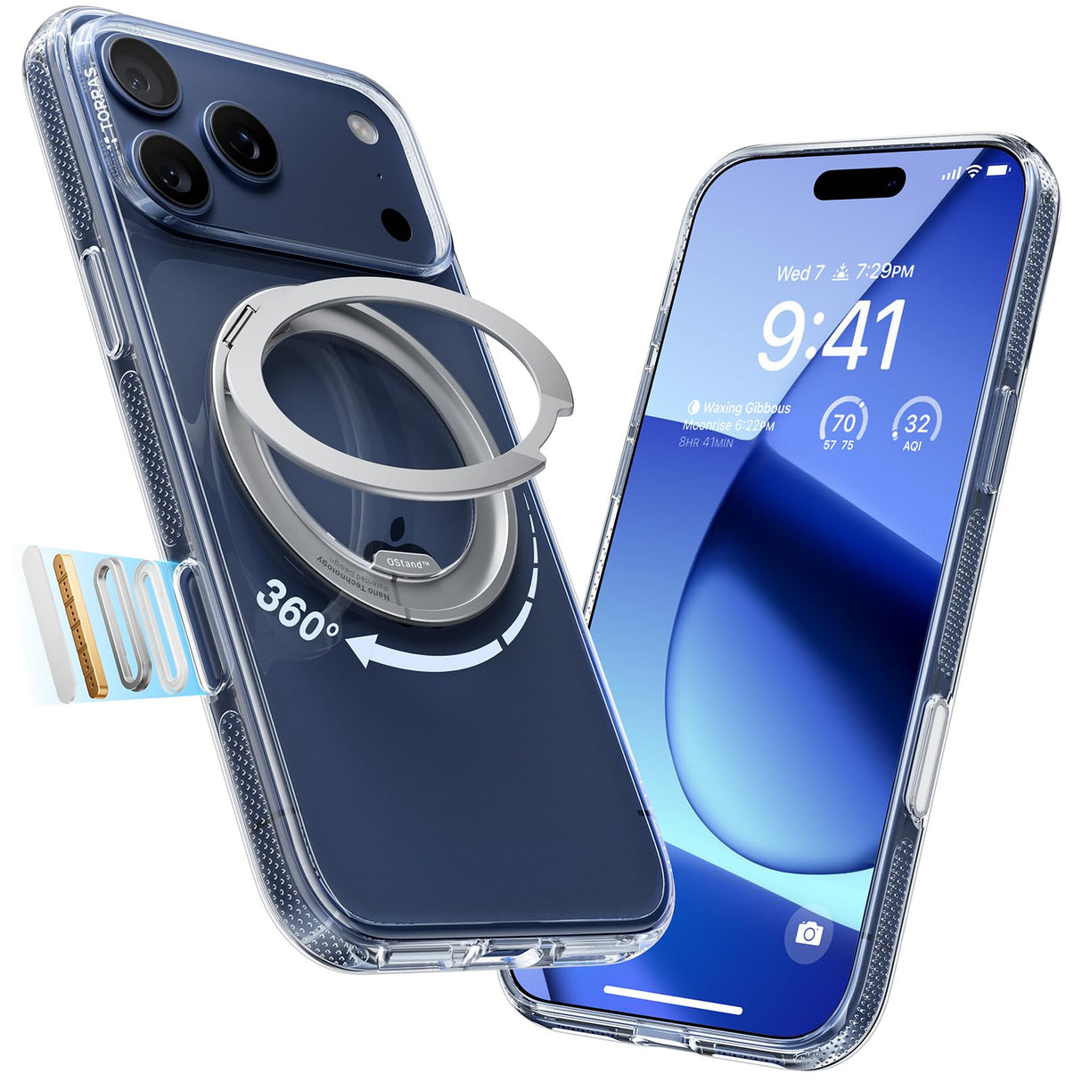 حامل TORRAS دوار 360 درجة لجراب iPhone 17 Pro Max، متوافق مع Magsafe، حماية من الدرجة العسكرية، قبضة مريحة رفيعة، تحكم في الكاميرا، حامل O3 Fitness 6.9 بوصة، شفاف