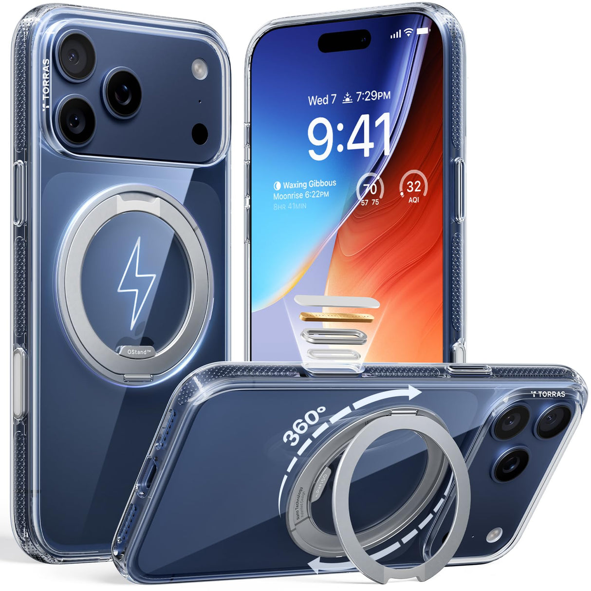 حامل TORRAS دوار 360 درجة لجراب iPhone 17 Pro، متوافق مع Magsafe، حماية من الدرجة العسكرية، قبضة مريحة رفيعة، تحكم في الكاميرا، حامل O3 Fitness 6.3 بوصة، شفاف