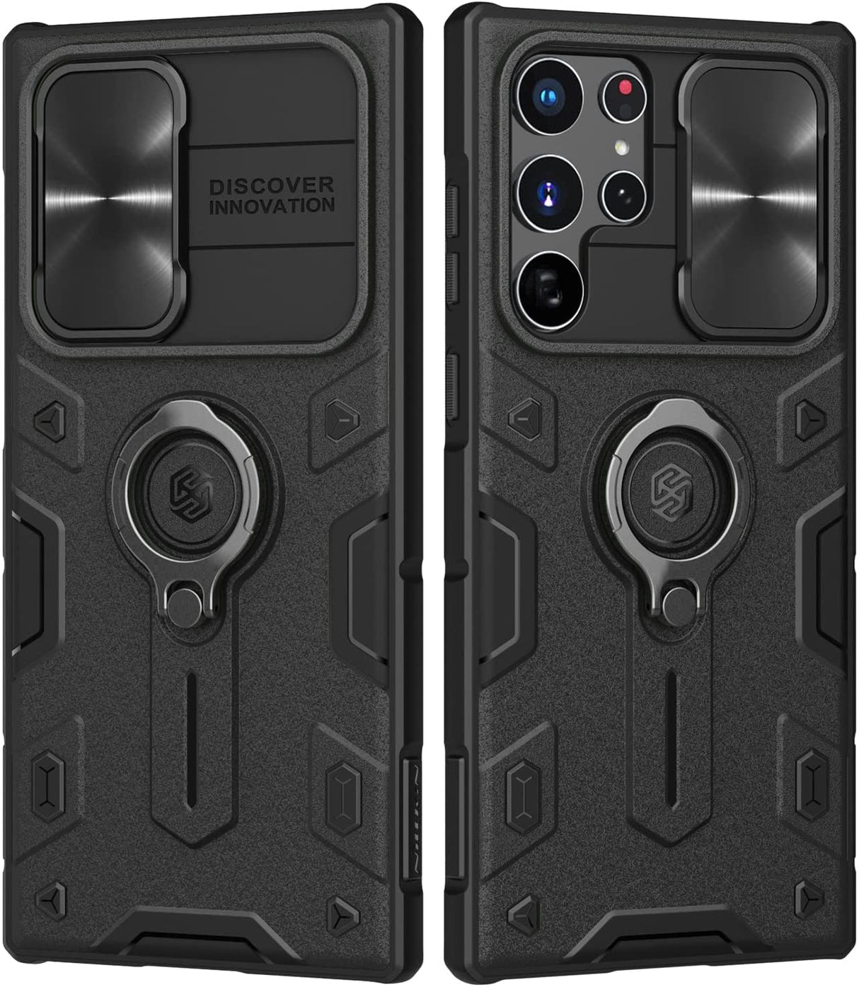 جراب AWH لهاتف Galaxy S22 Ultra مع غطاء للكاميرا وحامل، جراب CamShield Armor مع حماية منزلق للكاميرا وحامل حلقي دوار، جراب مقاوم للصدمات بدرجة عسكرية، (أسود)