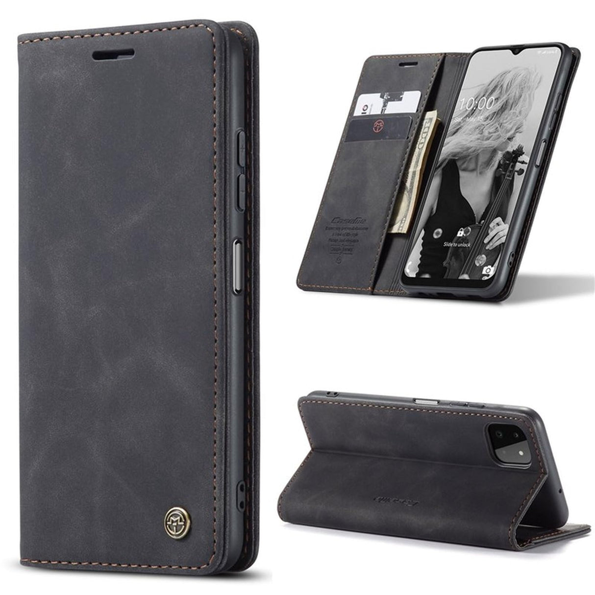 جراب هاتف مقاوم للغبار من UniqCase لهاتف Samsung Galaxy A22 5G (إصدار الاتحاد الأوروبي)، مصنوع من جلد البولي يوريثان الممتص تلقائيًا + محفظة TPU قابلة للطي - أسود