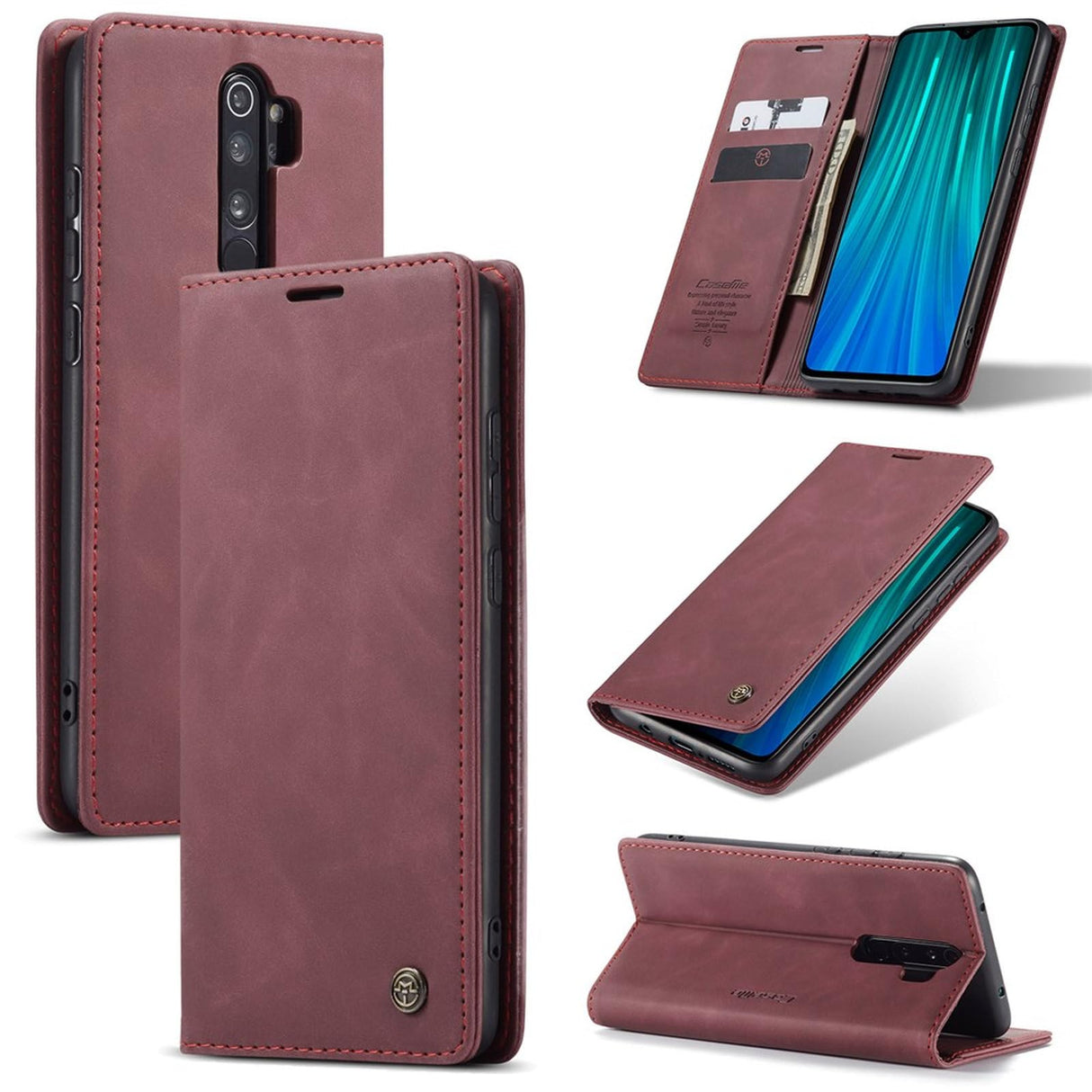 جراب محفظة جلدي من UniqCase قابل للامتصاص تلقائيًا لهاتف Xiaomi Redmi Note 8 Pro - أحمر