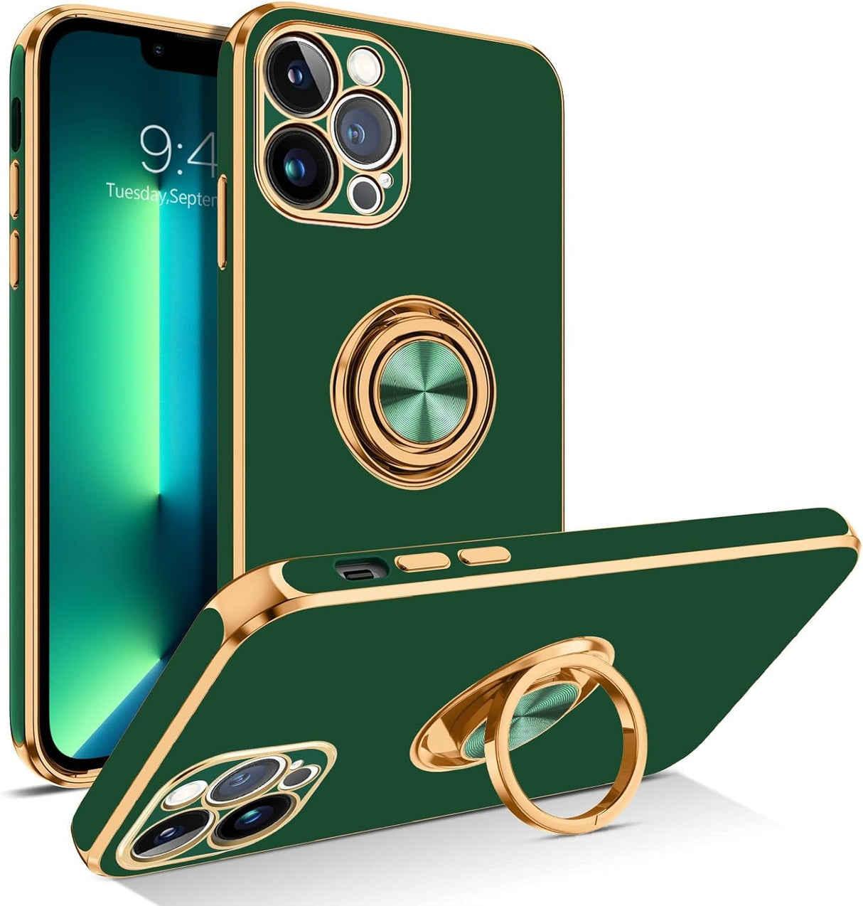 جراب AWH لهاتف iPhone 13 Pro، جراب هاتف iPhone 13 Pro، جراب رفيع دوار 360 درجة مع حامل مغناطيسي للسيارة، جراب واقٍ غير قابل للانزلاق للفتيات والأولاد والنساء والرجال لهاتف iPhone 13 Pro (أخضر)