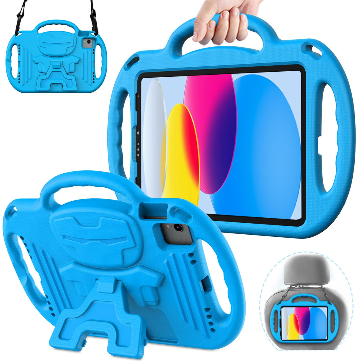جراب AVAWO للأطفال لجهاز iPad (A16) الجيل الحادي عشر 11 بوصة 2025، iPad الجيل العاشر 10.9 بوصة 2022، غطاء واقٍ متين مقاوم للصدمات مع حزام كتف/مقابض/حامل لجهاز iPad 10/11 الجيل، أزرق