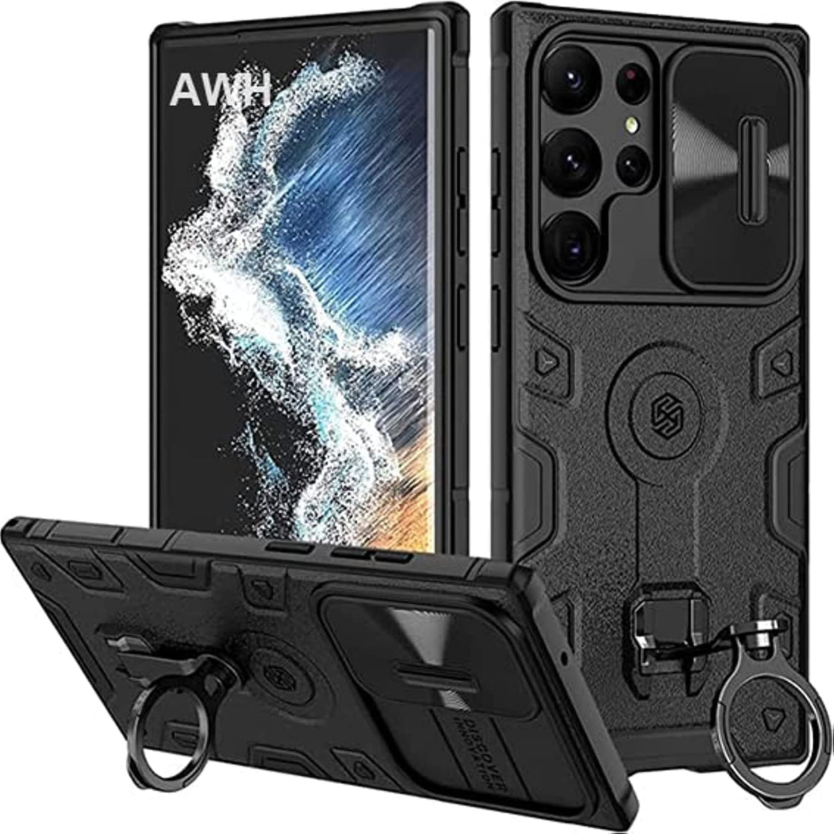 جراب AWH Armor لهاتف Samsung Galaxy S23 Ultra مع مسند وغطاء عدسة الكاميرا، وظهر صلب مقاوم للصدمات من البولي كربونات وغطاء حماية هجين من السيليكون الناعم لهاتف Galaxy S23 Ultra (أسود)