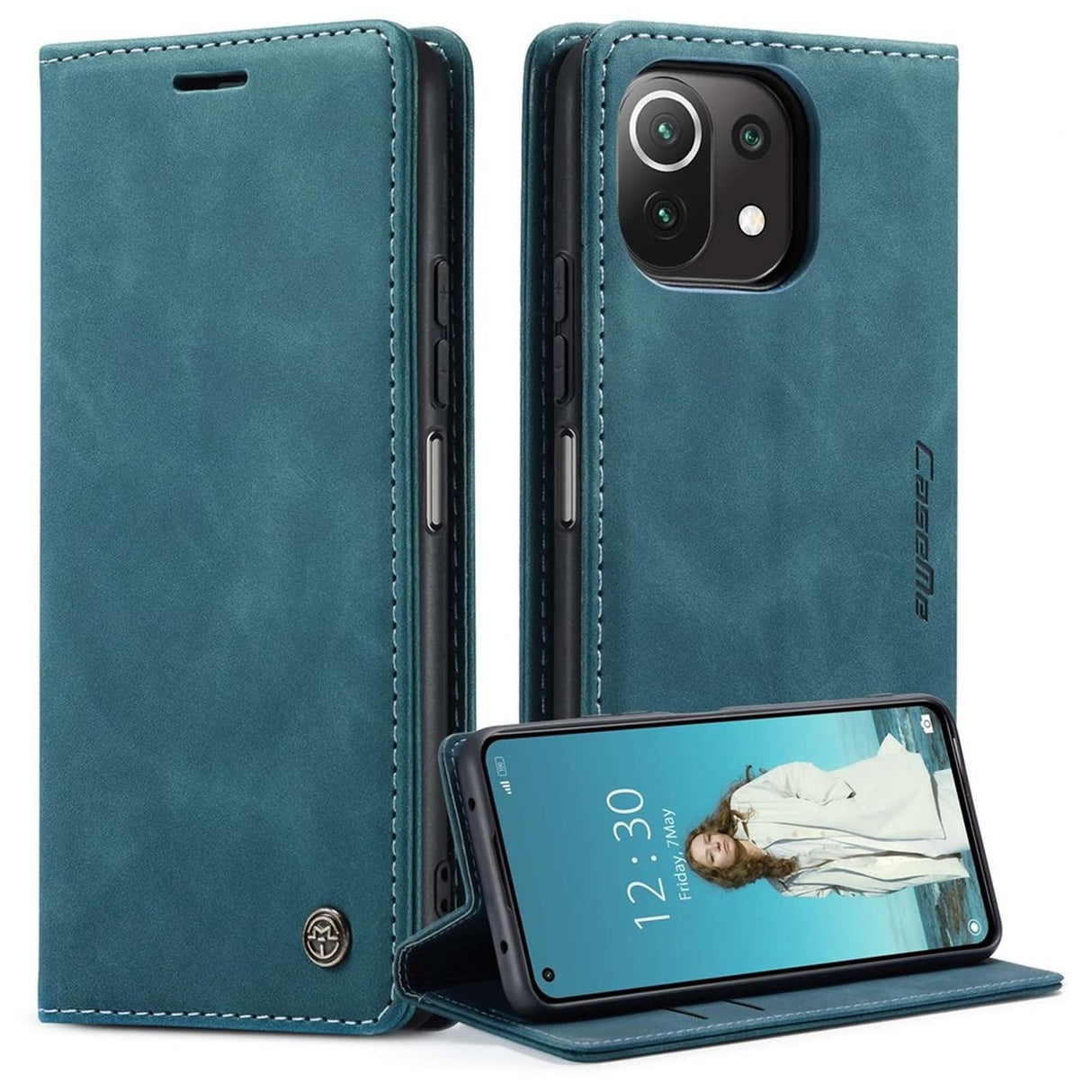 جراب محفظة جلدي بتصميم بسيط وشفط تلقائي من UniqCase لهاتف Xiaomi Mi 11 Lite 4G / 5G / 11 Lite 5G NE - أزرق وأخضر