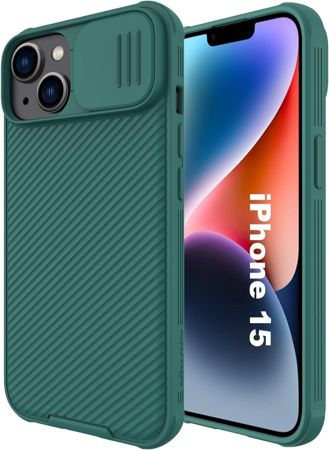 جراب AWH لهاتف iPhone 15 Camshield مع حماية عدسة الكاميرا المنزلقة - غطاء خلفي من البولي كربونات وإطار ممتص للصدمات من مادة TPU مضاد لبصمات الأصابع، جراب ناعم الملمس وحساس (أخضر)