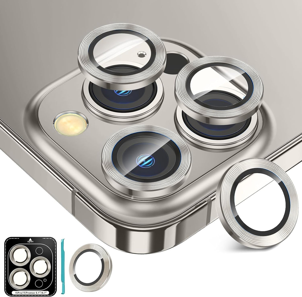 واقي عدسة كاميرا AWH 3+1 لهاتف iPhone 15 Pro/Pro Max - زجاج مقوى 9H، فائق الدقة، غطاء واقي شاشة كاميرا فردي معدني لهاتف iPhone 15 Pro/Pro Max (تيتانيوم طبيعي)