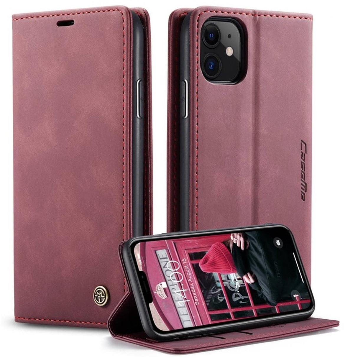 جراب محفظة جلدي قابل للطي من UniqCase قابل للامتصاص تلقائيًا لهاتف iPhone 11 مقاس 6.1 بوصة (2019) - أحمر