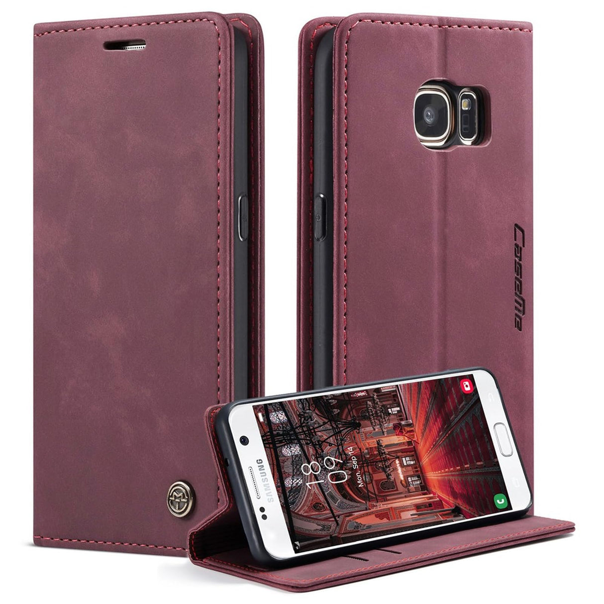 UniqCase حافظة جلدية قابلة للامتصاص التلقائي لهاتف Samsung Galaxy S7 SM-G930 - أحمر