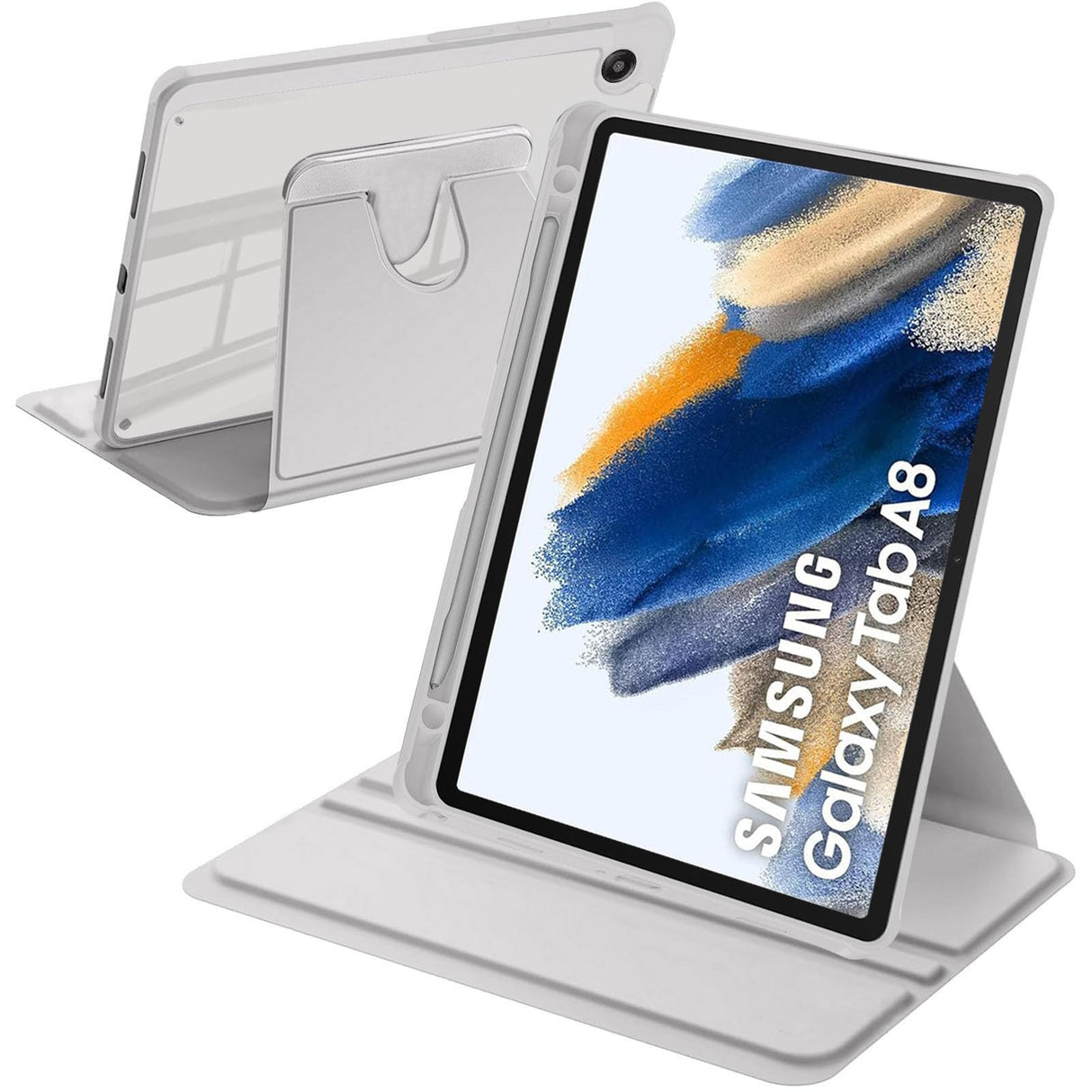 جراب A-BEAUTY دوار متوافق مع جهاز Samsung Galaxy Tab A8 مقاس 10.5 بوصة (SM-X200/X205/X207) مع حامل قلم S، غطاء مقاوم للصدمات بظهر شفاف، خاصية الإيقاظ/السكون التلقائي، لون فضي