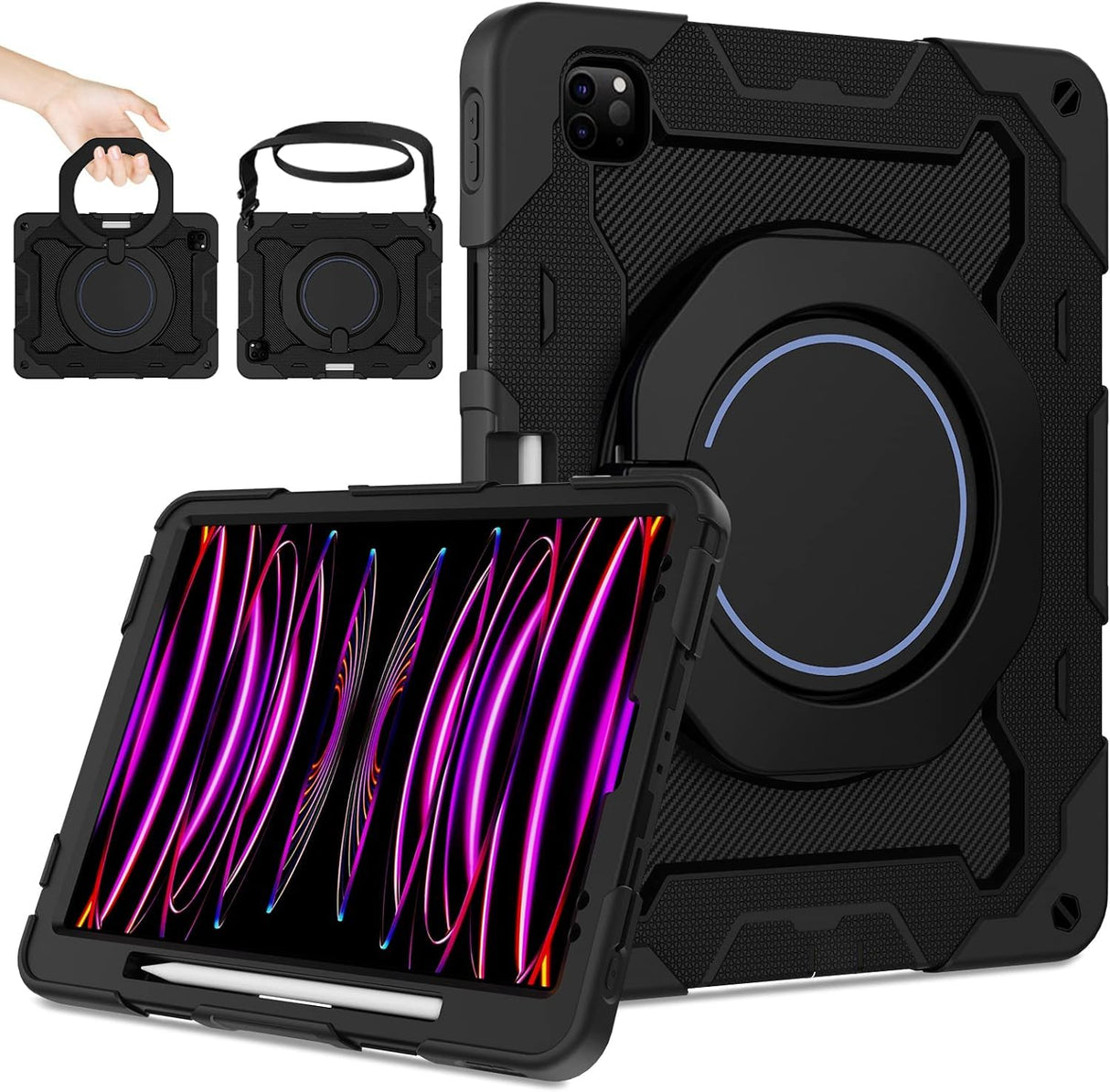 حافظة YIMICO لجهاز iPad Pro مقاس 12.9 بوصة (2022/2021/2020/2018) للأطفال، مع حامل قلم رصاص، غطاء واقٍ متين مقاوم للصدمات مع حامل 360 (أسود، iPad 12.9 Pro مقاس 12.9 بوصة (2022/2021/2020/2018))