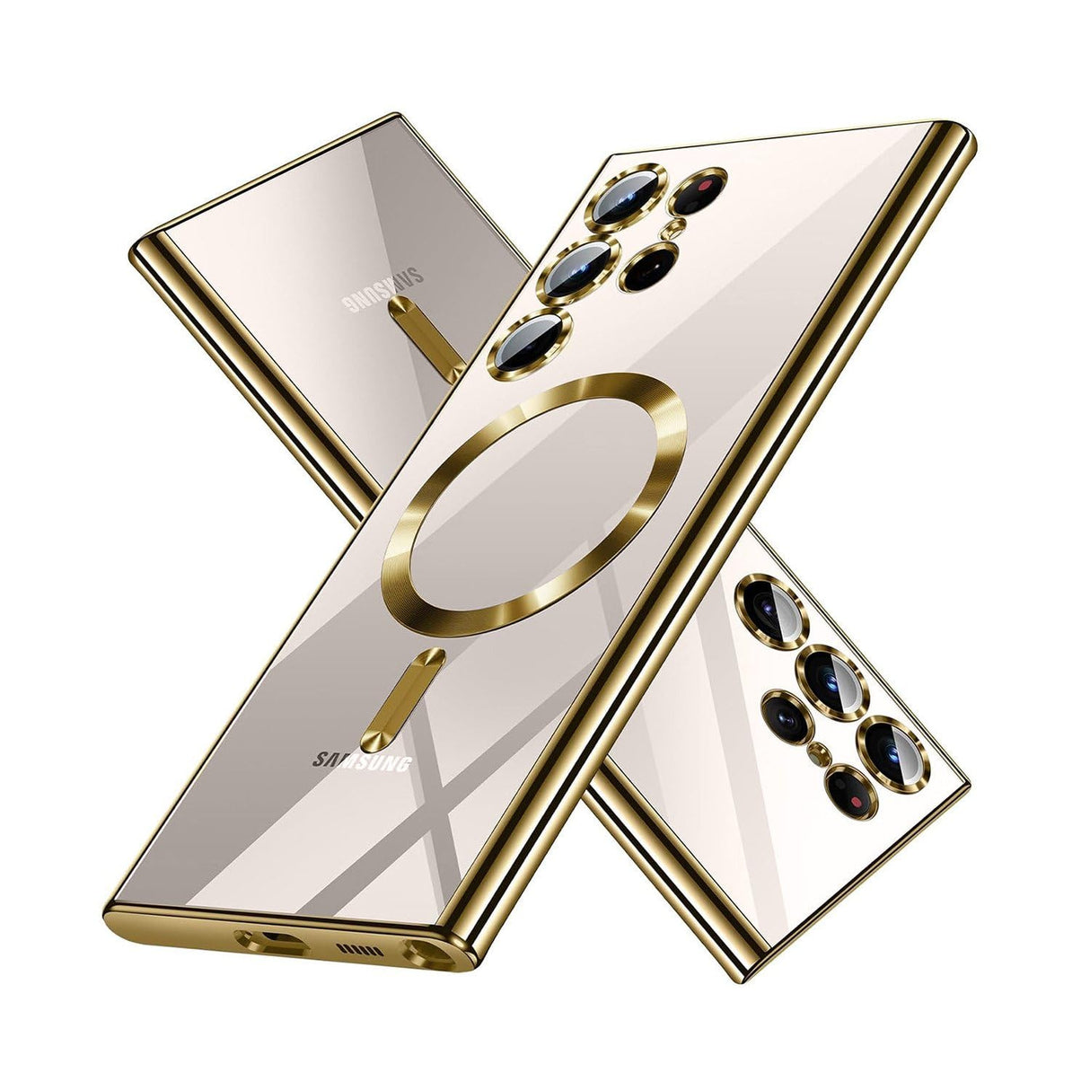 غطاء BURAQ المطلي بالكهرباء المصنوع من مادة TPU الآمنة لجهاز Samsung Galaxy S24 Ultra، غطاء حماية كامل لعدسة الكاميرا، جراب شحن لاسلكي من نسيج CD، جراب ناعم من مادة TPU بحواف ذهبية لهاتف Samsung Galaxy S24 Ultra