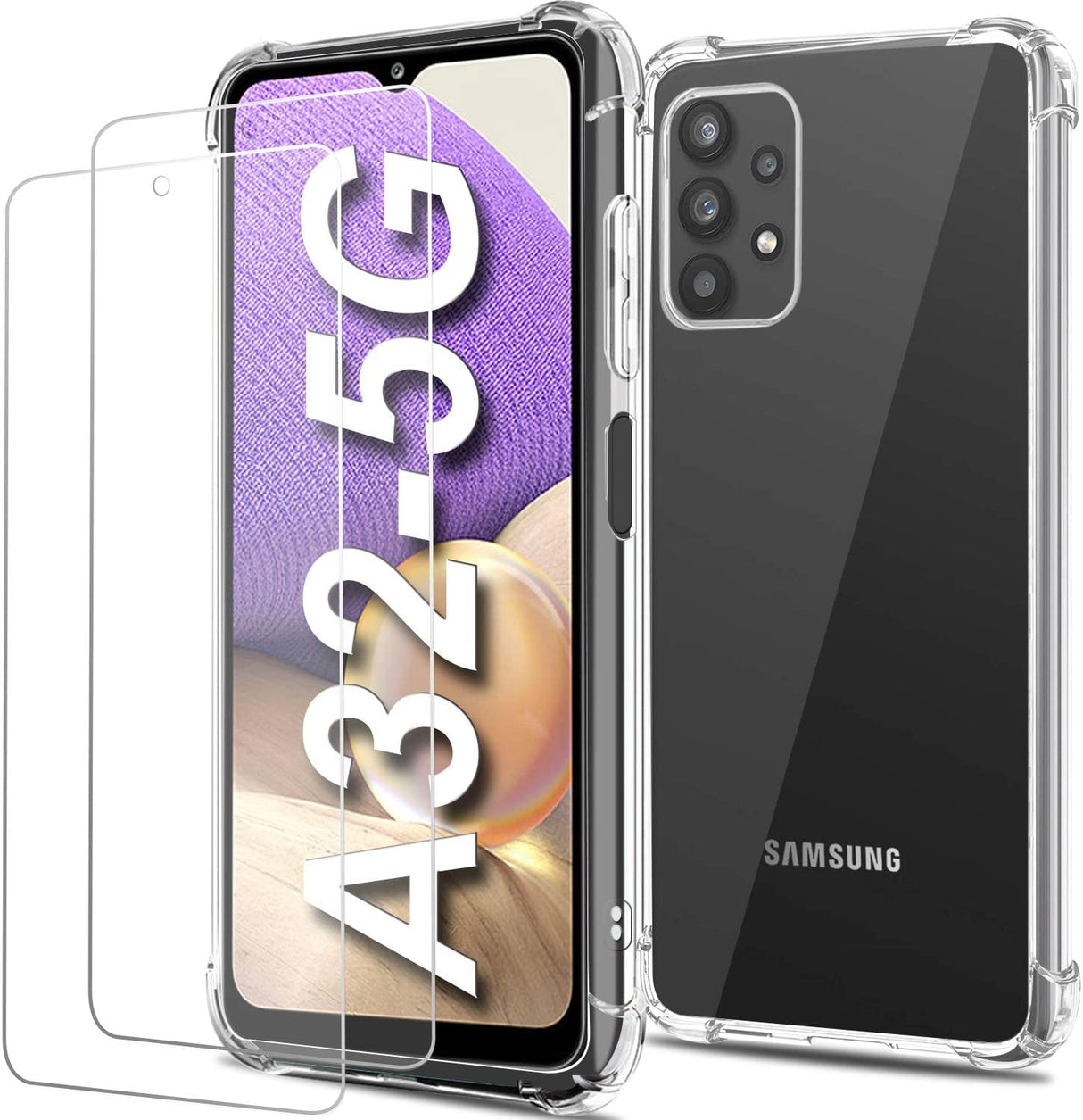 جراب AIDASHINE وواقي شاشة لهاتف Samsung A32 5G، قطعتان من الزجاج المقوى لهاتف Galaxy A32 5G مع جراب هاتف شفاف، رفيع، صلابة 9H، غطاء شفاف ناعم من مادة TPU ممتص للصدمات لهاتف A32 5G مقاس 6.5 بوصة