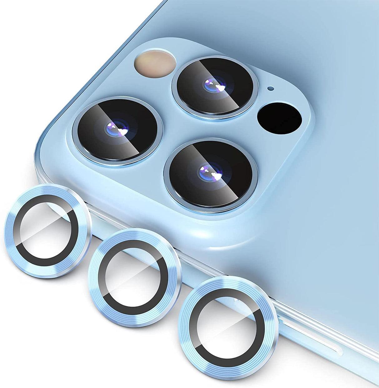 واقي عدسة كاميرا Zege متوافق مع هاتف Iphone 13/13 PRO / 13 PRO MAX، مصنوع من زجاج عالي الجودة مقوى عالي الدقة، ملحقات من سبائك الألومنيوم، ملصق واقي للعدسات (IPHONE 13 PRO، أزرق فاتح)