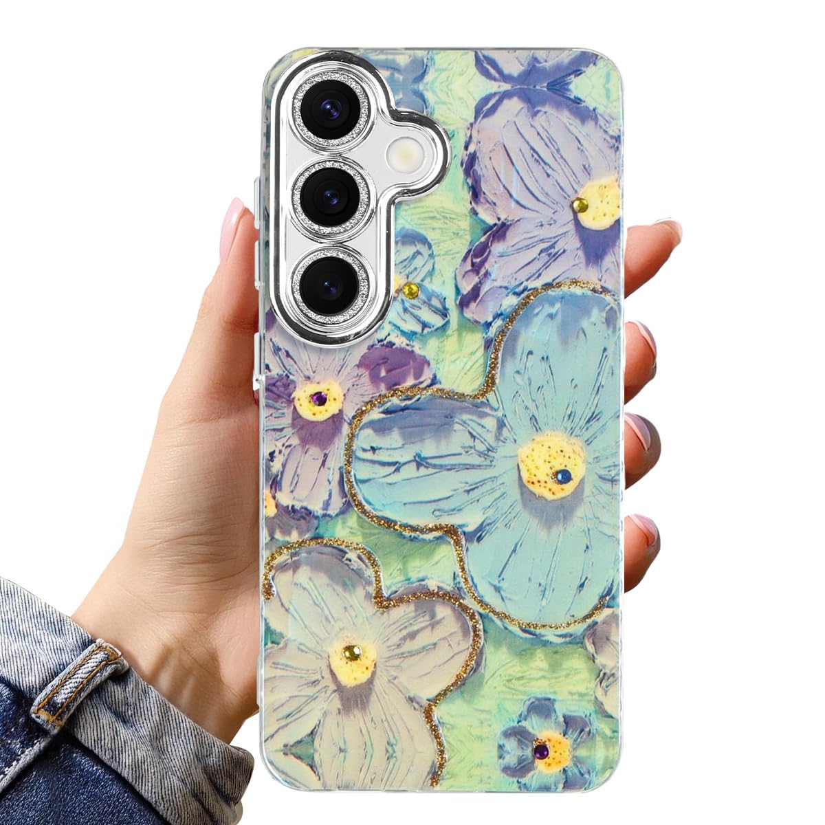 جراب هاتف T Tersely Oil Painting Flowers - غطاء أكريليك بحواف لامعة مع حماية من الصدمات، تصميم فني نسائي أنيق (زيتي، Samsung Galaxy S24 Plus)