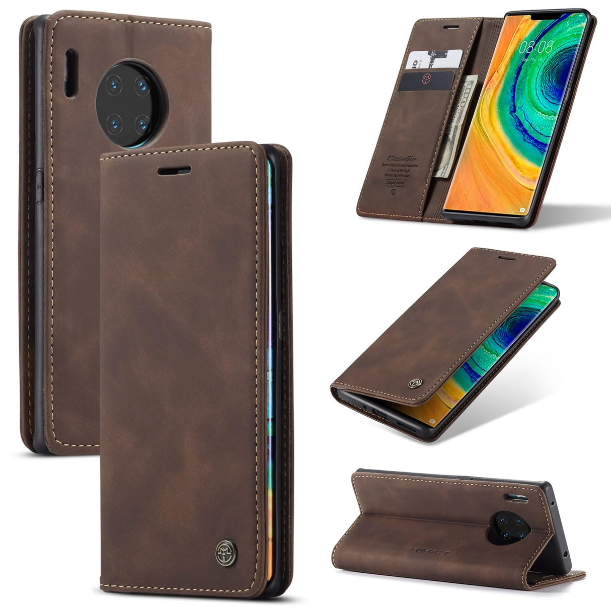 جراب UniqCase لهاتف Huawei Mate 30 Pro 5G مع حامل للبطاقات وغطاء جلدي للهاتف - لون بني