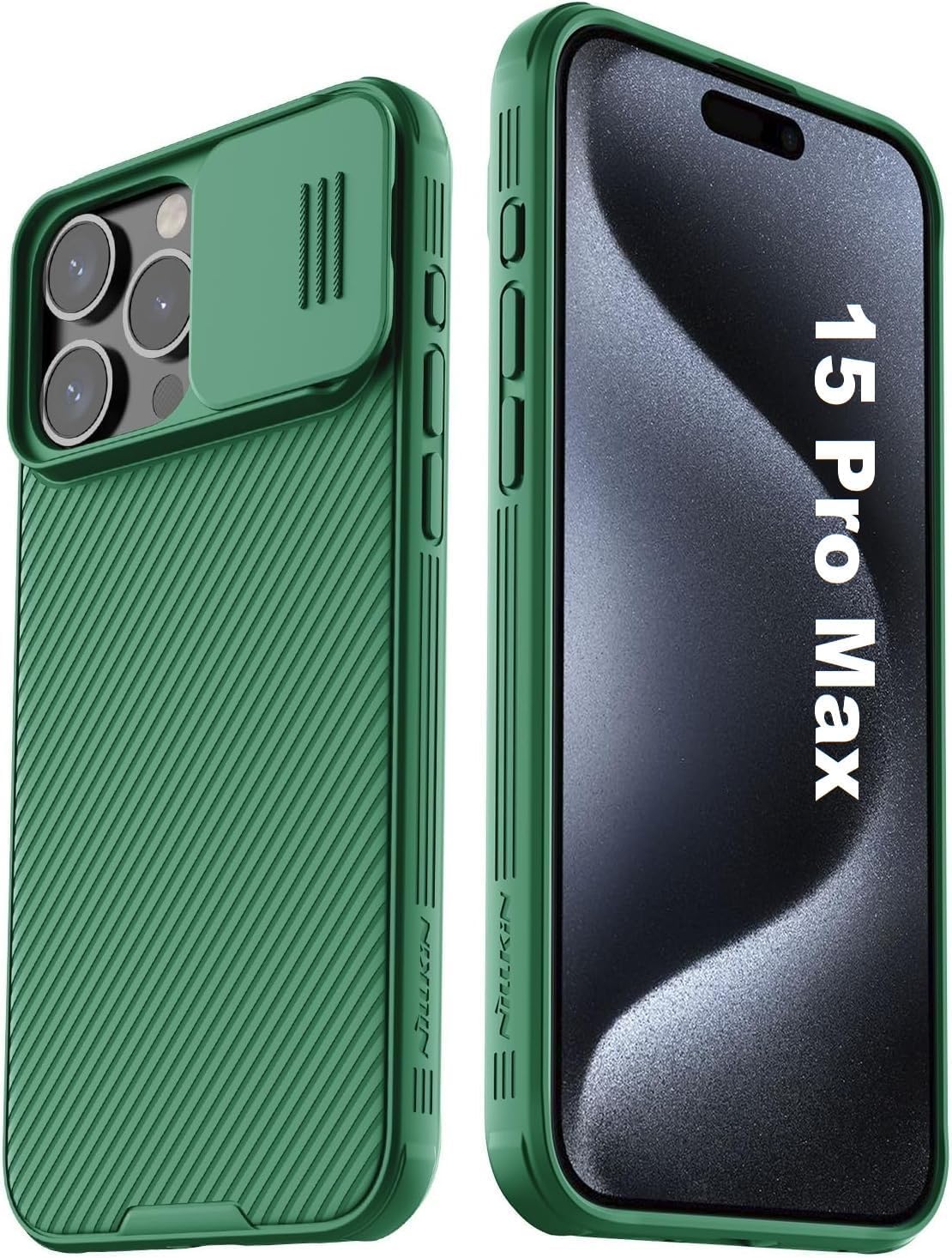 جراب AWH لهاتف iPhone 15 Pro Max Camshield مع حماية عدسة الكاميرا المنزلقة - غطاء خلفي من البولي كربونات وإطار ممتص للصدمات من مادة TPU مضاد لبصمات الأصابع، جراب ناعم الملمس (أخضر)