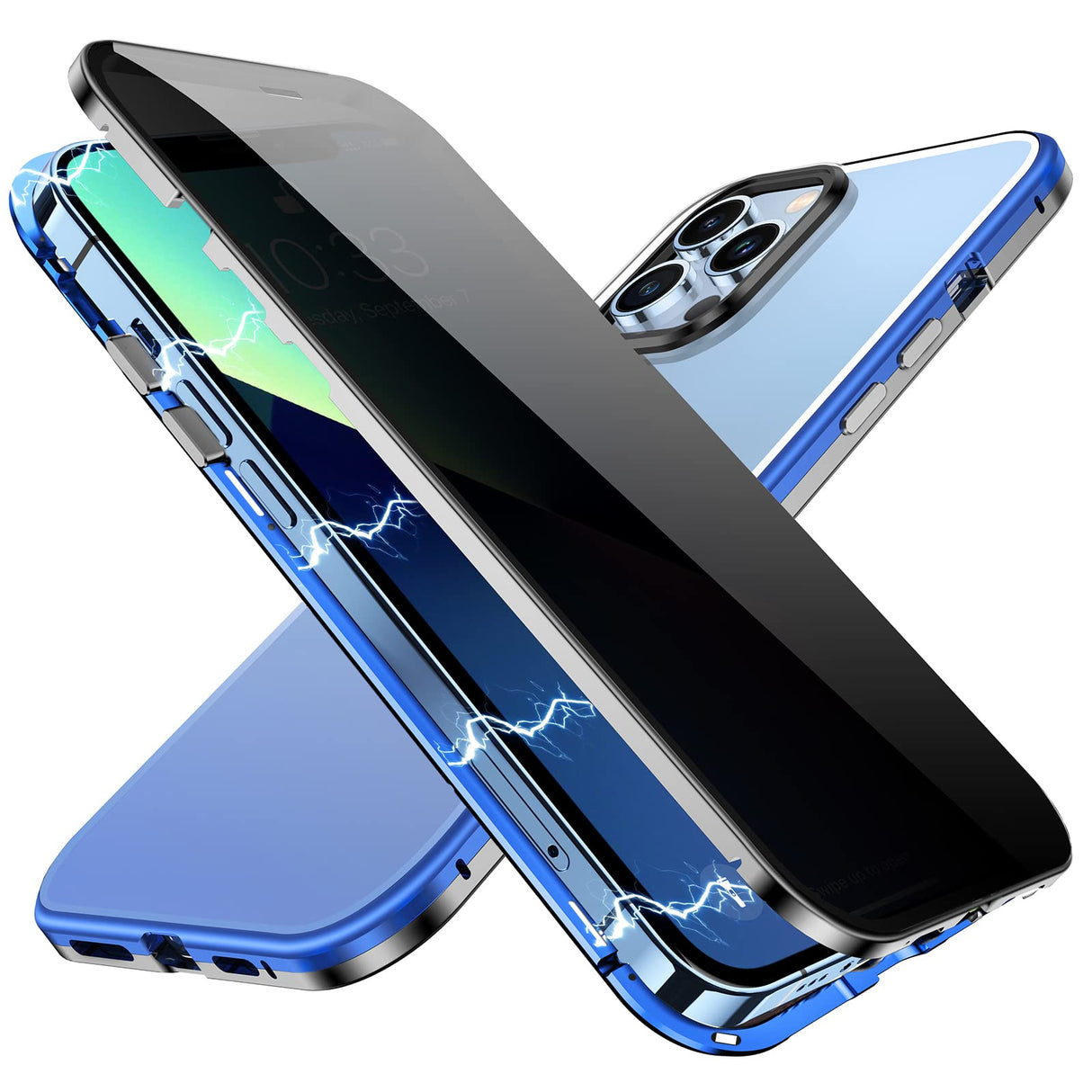 جراب YUNQE المغناطيسي للخصوصية لجهاز iPhone 13 Pro Max، غطاء امتصاص مغناطيسي مزدوج الجوانب مع واقي شاشة مضاد للاختراق وعدسة كاميرا واقٍ كامل الجسم لجهاز iPhone 13 Pro Max، أزرق وفضي