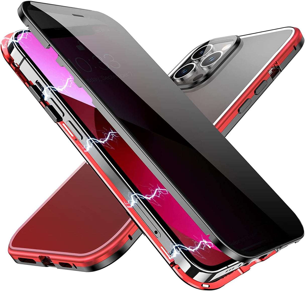 جراب YUNQE المغناطيسي للخصوصية لجهاز iPhone 13 Pro، غطاء امتصاص مغناطيسي مزدوج الجوانب مع واقي شاشة مضاد للتجسس وعدسة كاميرا واقٍ كامل الجسم لجهاز iPhone 13 Pro، أحمر وأسود