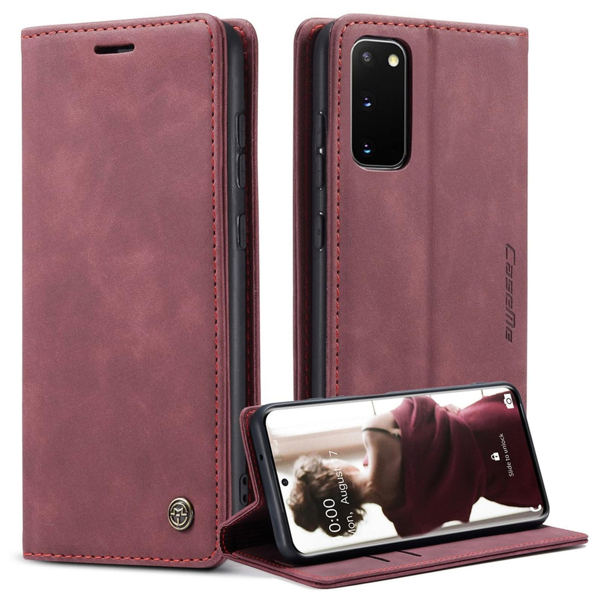 جراب محفظة جلدي قلاب من UniqCase قابل للامتصاص التلقائي لهاتف Samsung Galaxy S20 4G/S20 5G - أحمر